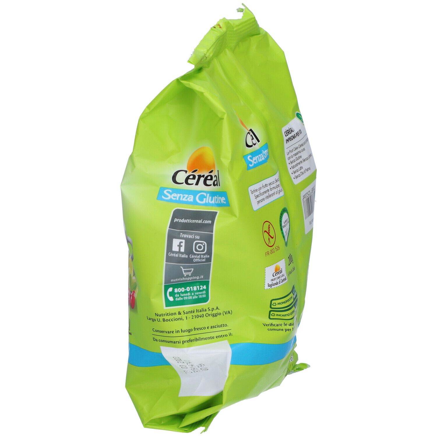 Vista laterale confezione verde Céréal Senza Glutine Fruit Cake. Testo, loghi, logo senza glutine. Informazioni di contatto.