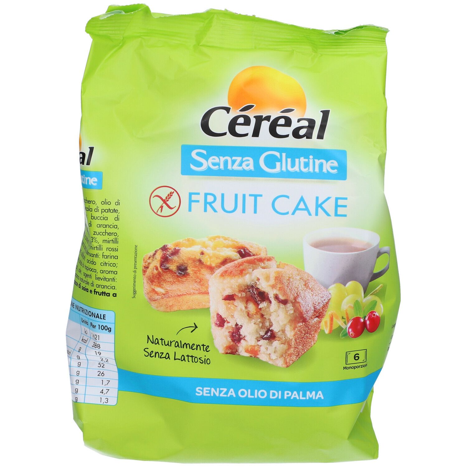 Confezione verde Céréal Senza Glutine Fruit Cake. Immagini di torta, tazza, frutta. Senza glutine, senza lattosio, senza olio di palma.