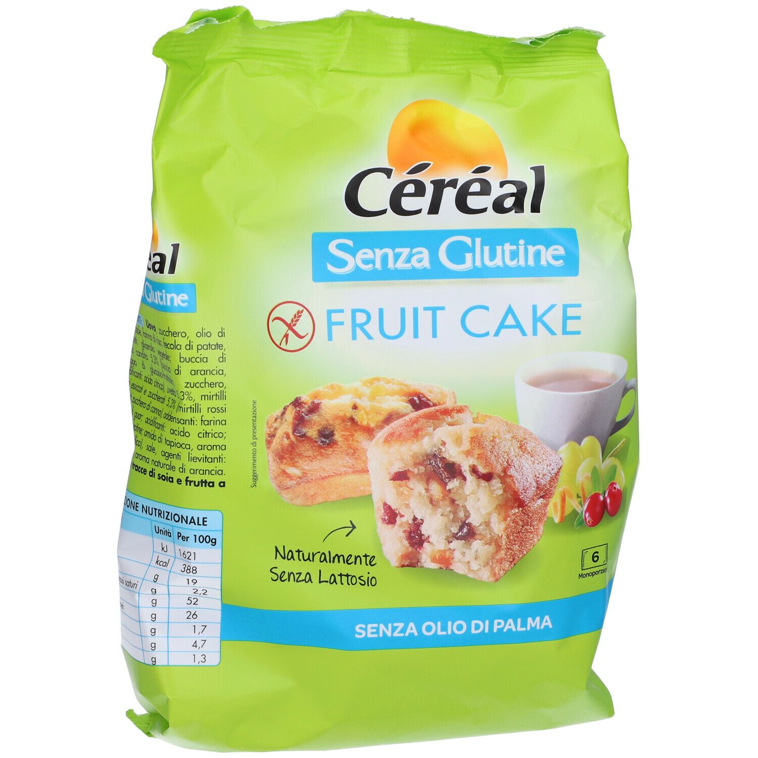 Confezione verde Céréal Senza Glutine Fruit Cake. Immagini di torta, tazza, frutta. Senza glutine, senza lattosio, senza olio di palma.
