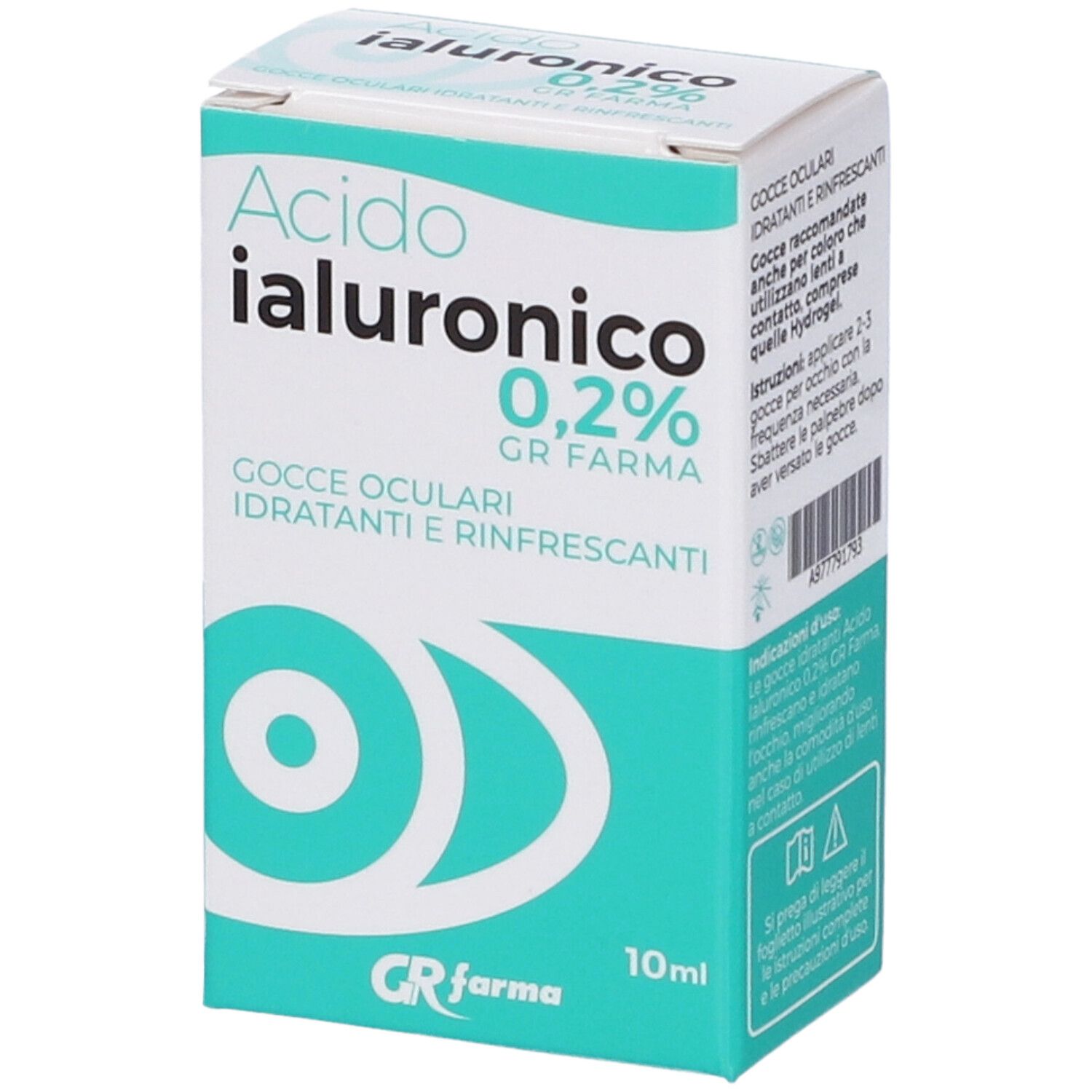 Confezione di gocce oculari. Scritta: Acido Ialuronico 0,2%, Gocce Oculari. Marchio: GR Farma. Contenuto: 10ml.