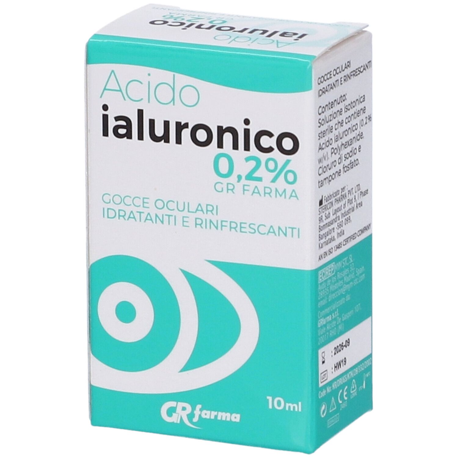 Confezione di gocce oculari. Scritta: Acido Ialuronico 0,2%, Gocce Oculari. Marchio: GR Farma. Contenuto: 10ml.