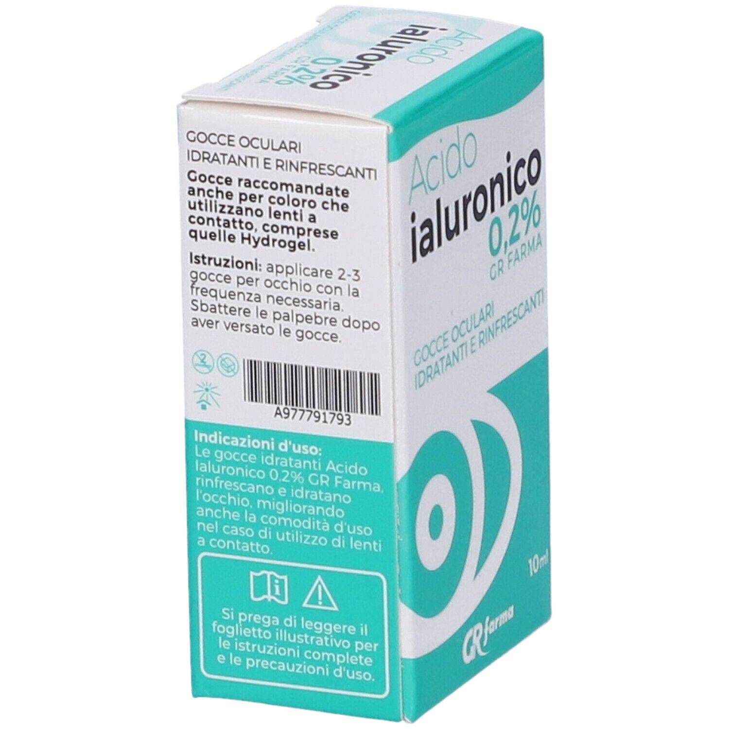 Confezione di gocce oculari. Scritta: Acido Ialuronico 0,2%, Gocce Oculari. Marchio: GR Farma. Contenuto: 10ml.