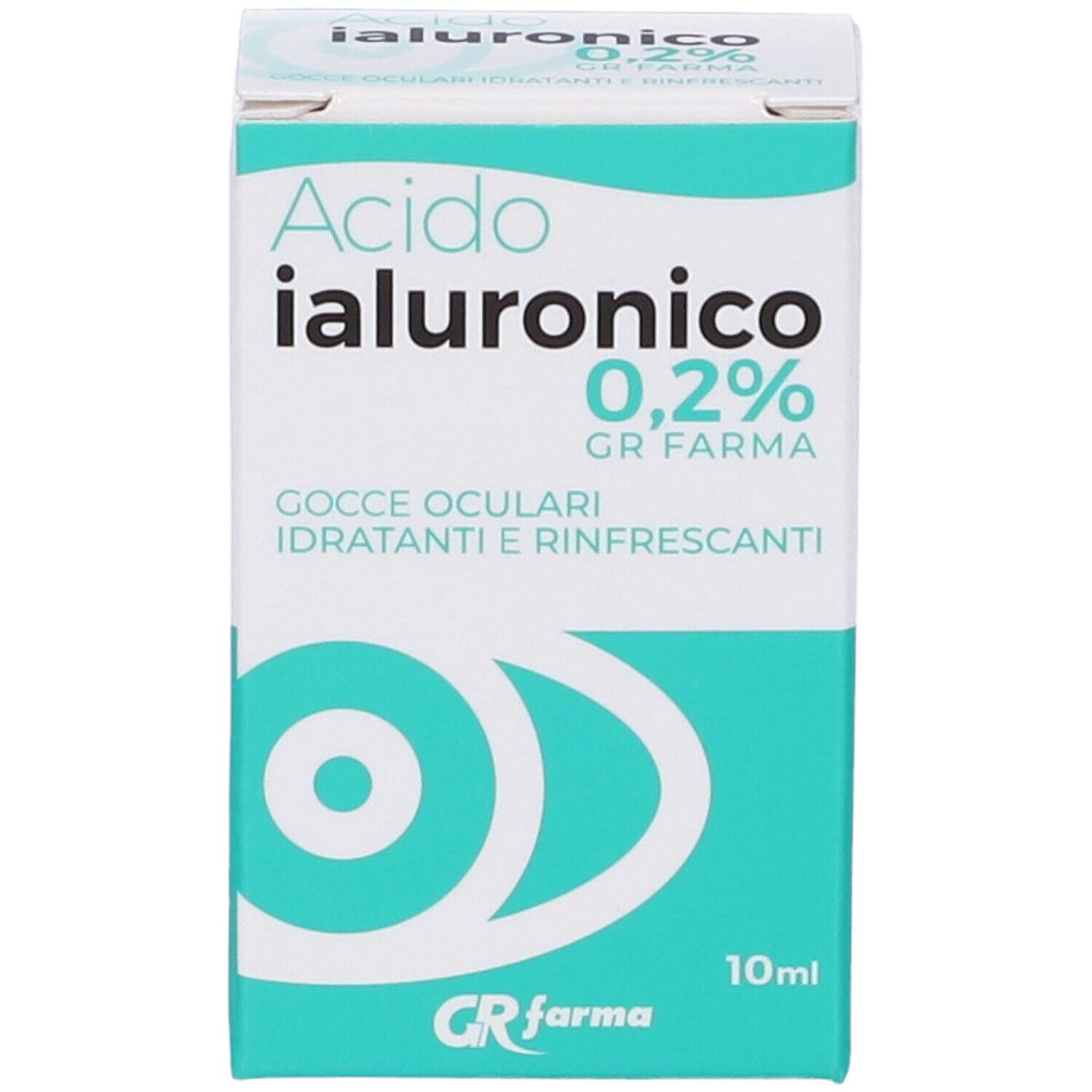 Confezione di gocce oculari. Scritta: Acido Ialuronico 0,2%, Gocce Oculari. Marchio: GR Farma. Contenuto: 10ml.