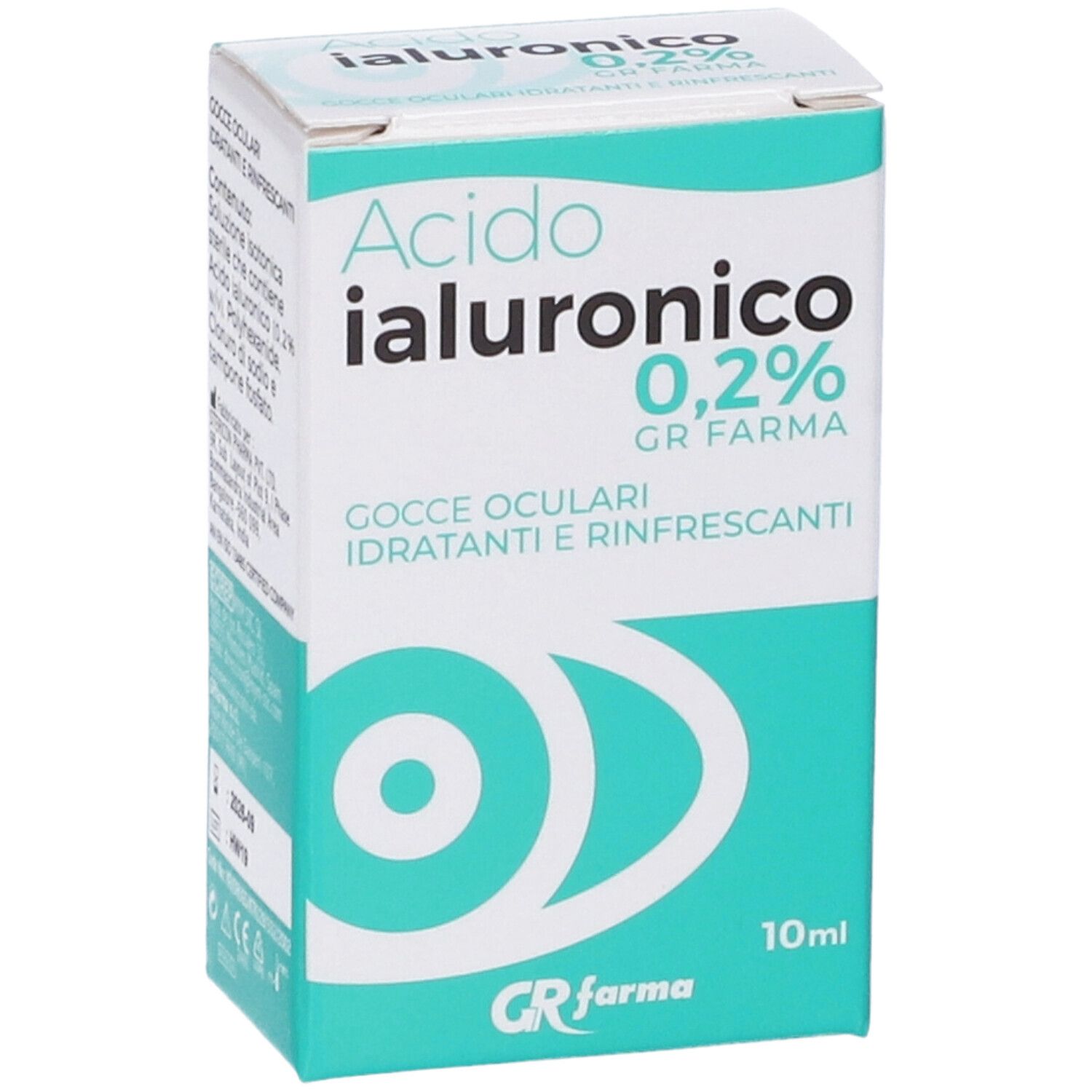 Confezione di gocce oculari. Scritta: Acido Ialuronico 0,2%, Gocce Oculari. Marchio: GR Farma. Contenuto: 10ml.