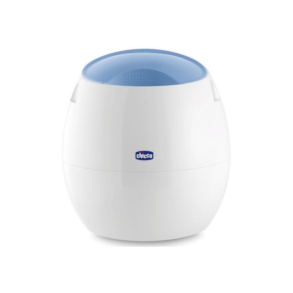 Dispositivo bianco ovale con coperchio blu. Il logo Chicco è visibile sul davanti.