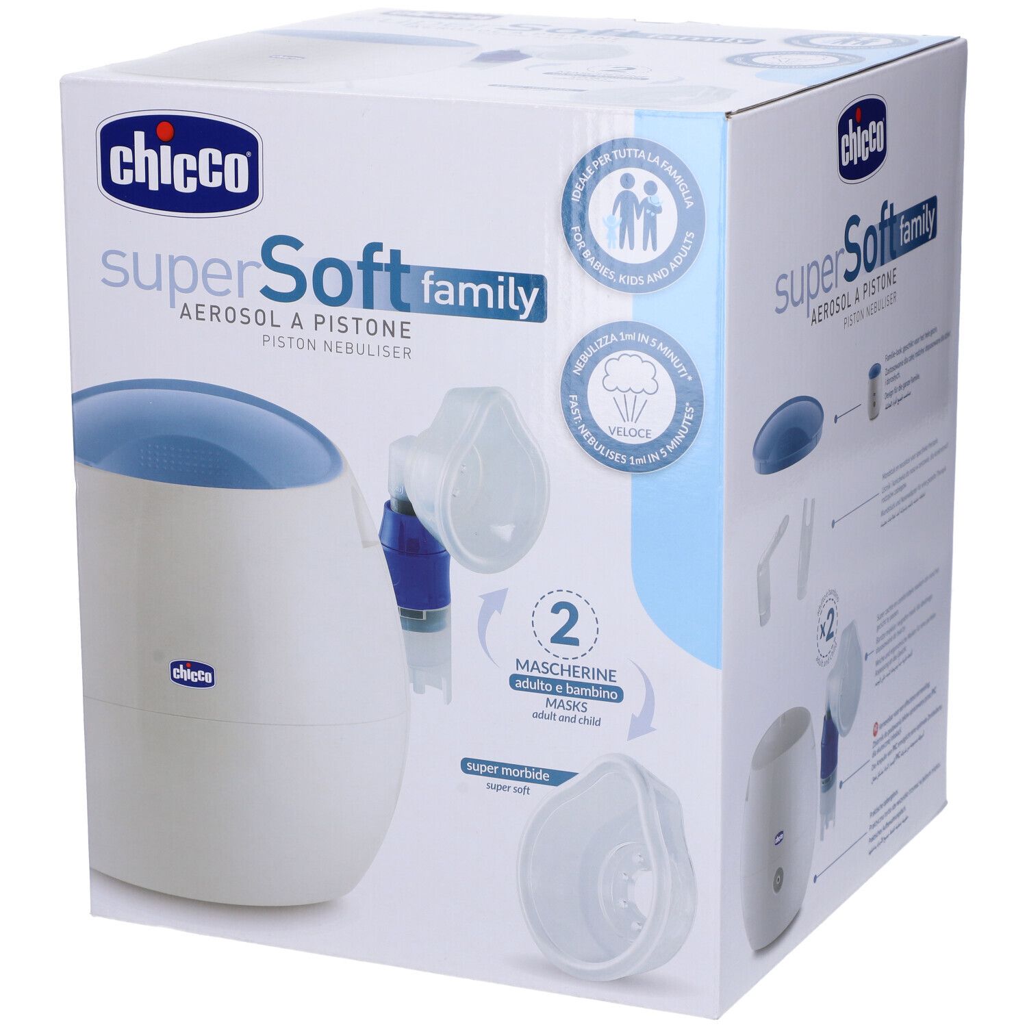 Confezione di Chicco Super Soft Family Aerosol. Contiene un dispositivo, maschere e accessori. Testo in italiano.