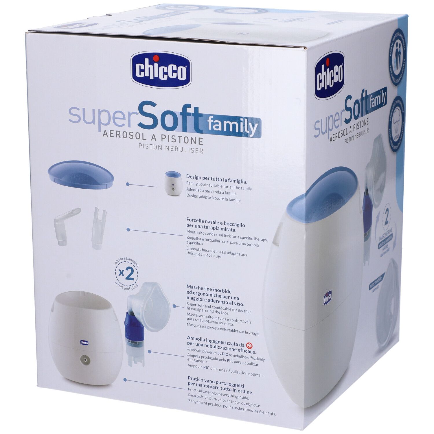 Confezione di Chicco Super Soft Family Aerosol. Illustrazione del dispositivo e degli accessori. Testo in italiano.