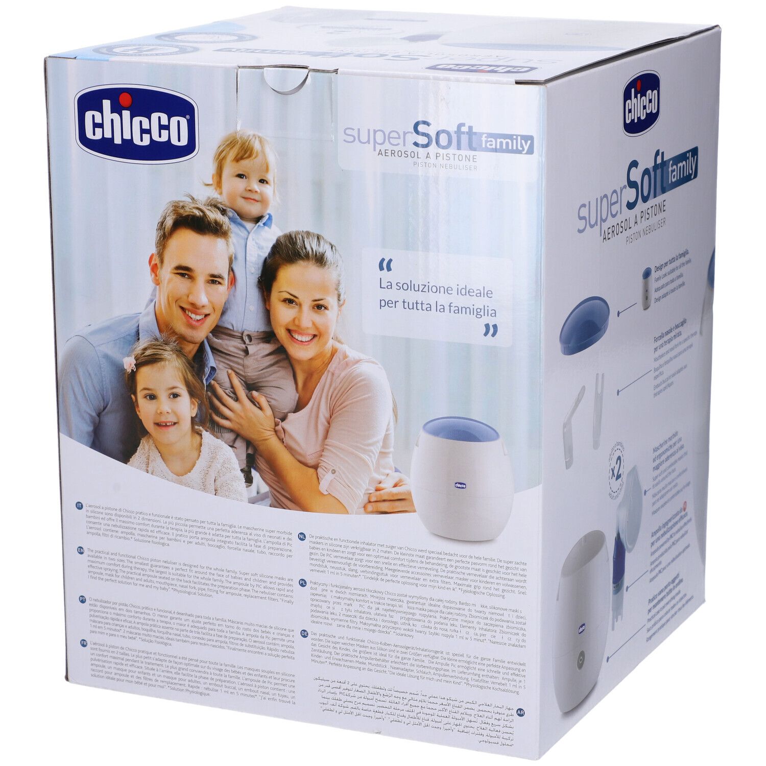 Confezione di Chicco Super Soft Family Aerosol. Illustrazione del dispositivo e degli accessori. Testo in italiano.