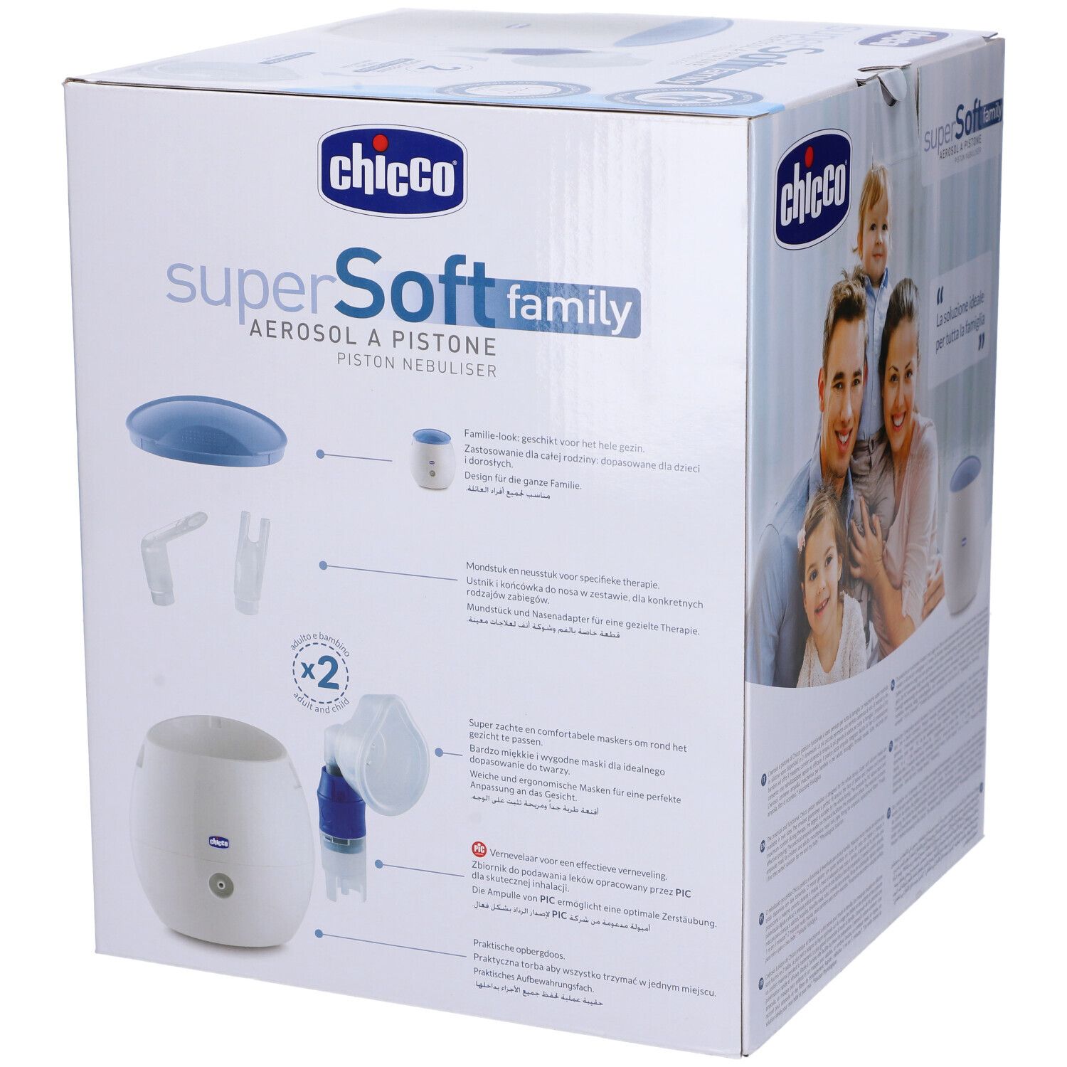 Confezione di Chicco Super Soft Family Aerosol. Foto di famiglia sulla confezione. Testo in italiano.