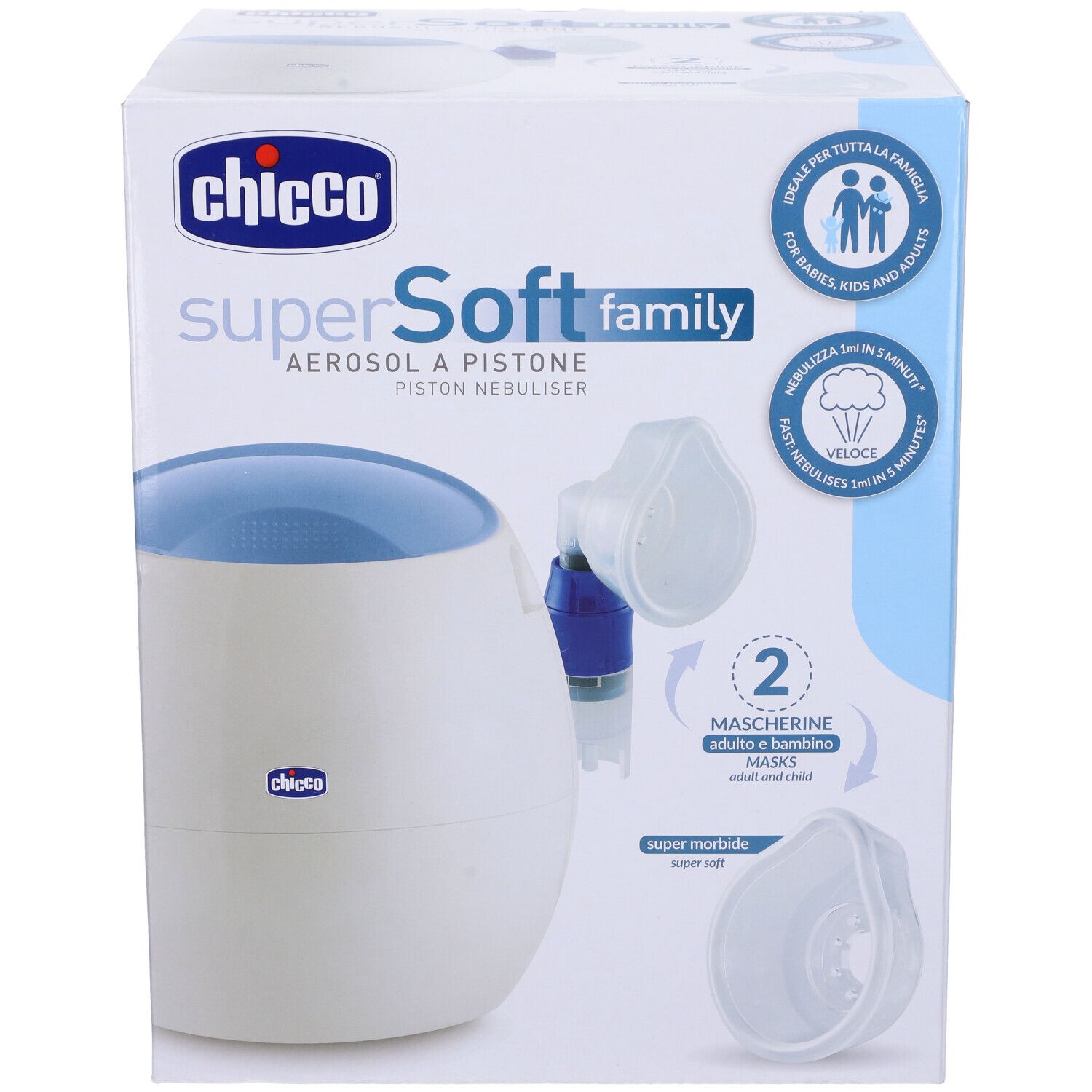 Confezione di Chicco Super Soft Family Aerosol. Contiene un dispositivo, maschere e accessori. Testo in italiano.