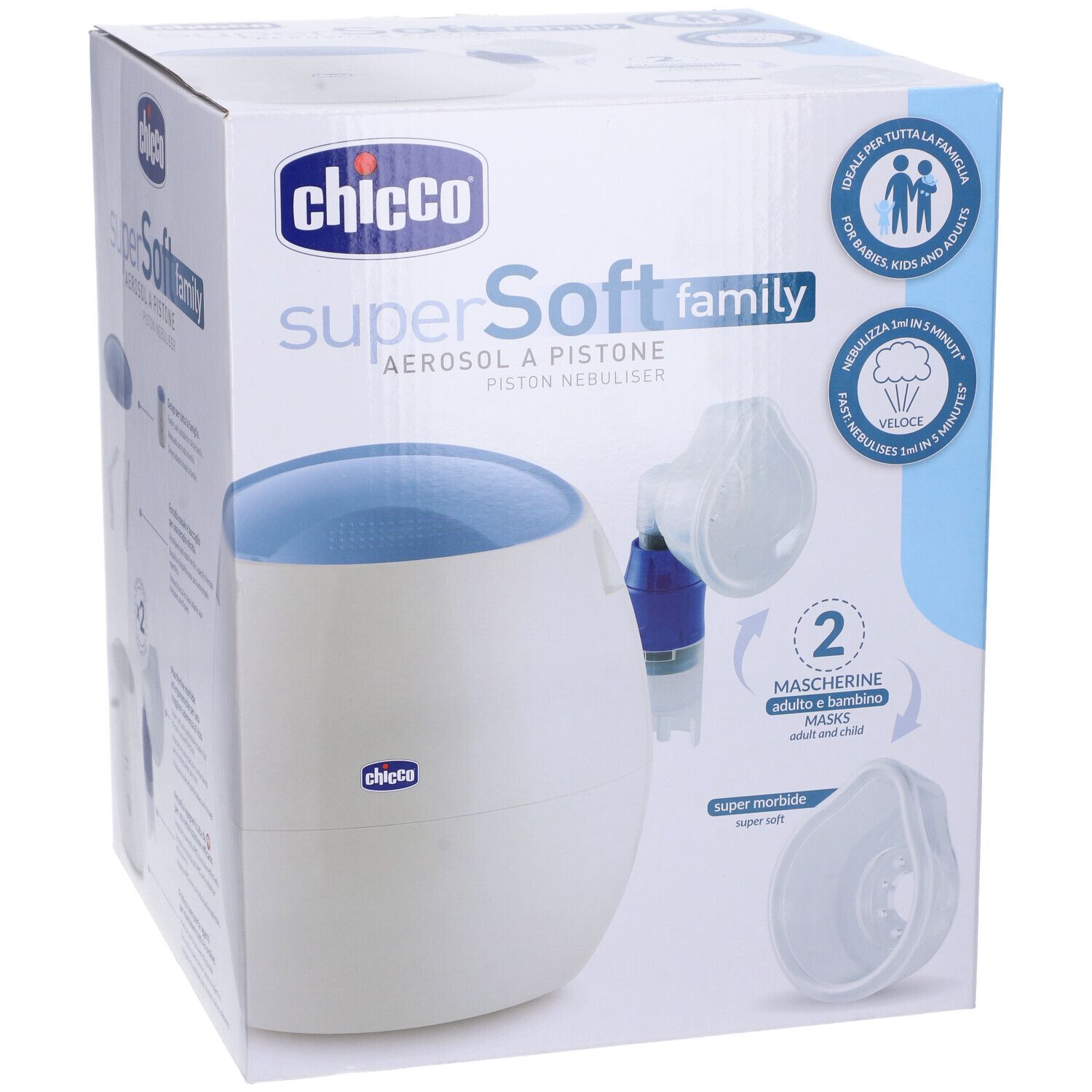 Confezione di Chicco Super Soft Family Aerosol. Contiene un dispositivo, maschere e accessori. Testo in italiano.