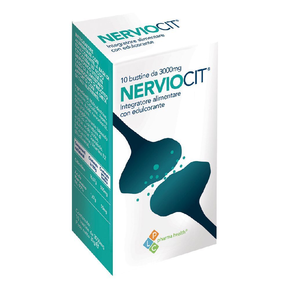 Confezione di Nerviocit. Scritta: 10 bustine, 3000mg. Nome e logo del prodotto. Illustrazione di un nervo. Logo Pharma Health.