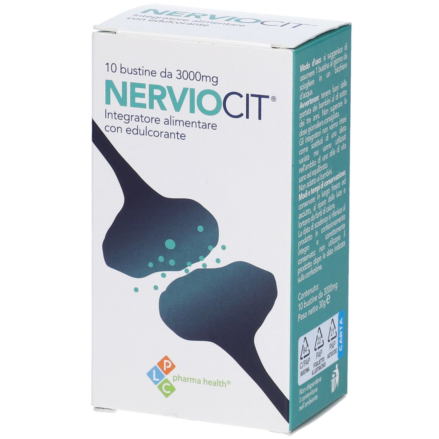 Confezione di Nerviocit. Scritta: 10 bustine, 3000mg. Nome e logo del prodotto. Illustrazione di un nervo. Logo Pharma Health.