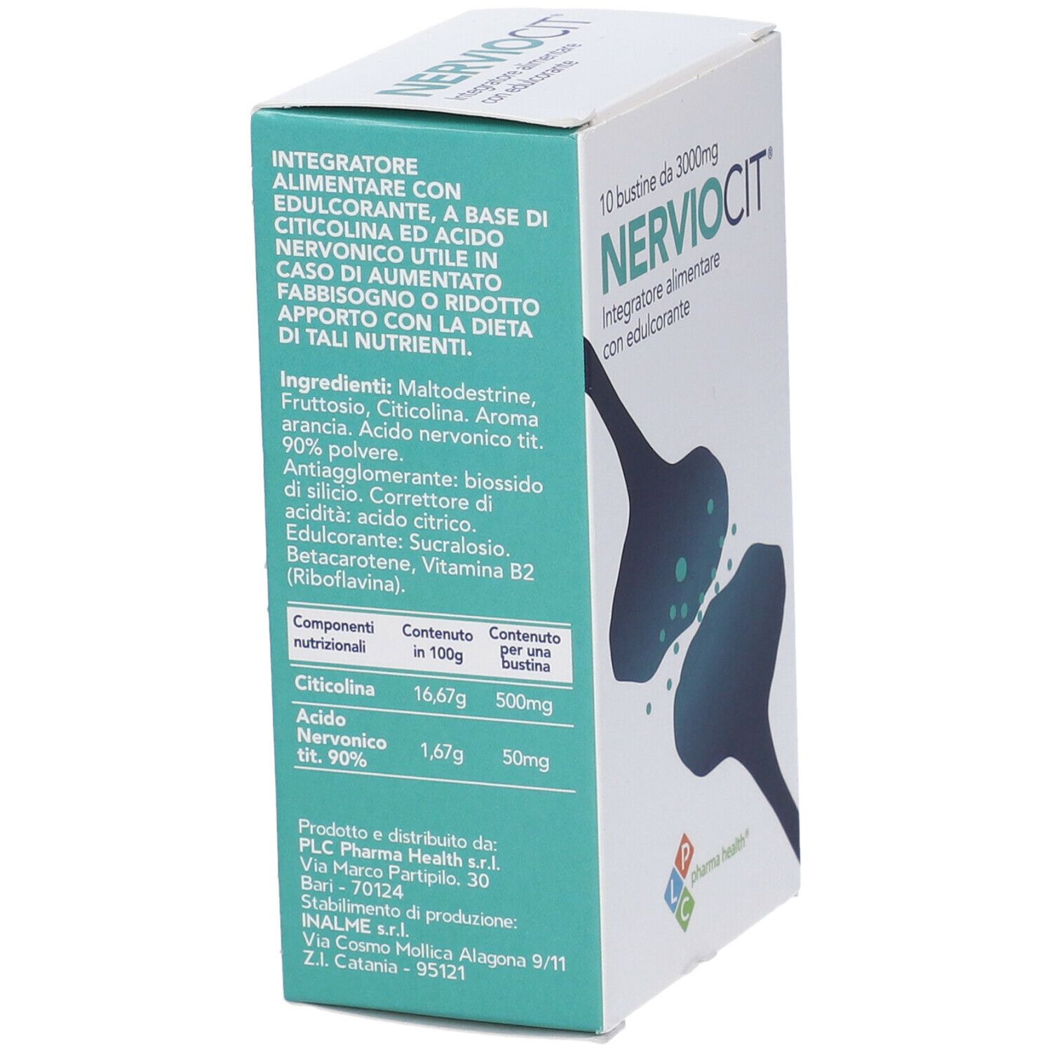 Confezione di Nerviocit. Scritta: 10 bustine, 3000mg. Nome e logo del prodotto. Illustrazione di un nervo. Logo Pharma Health.