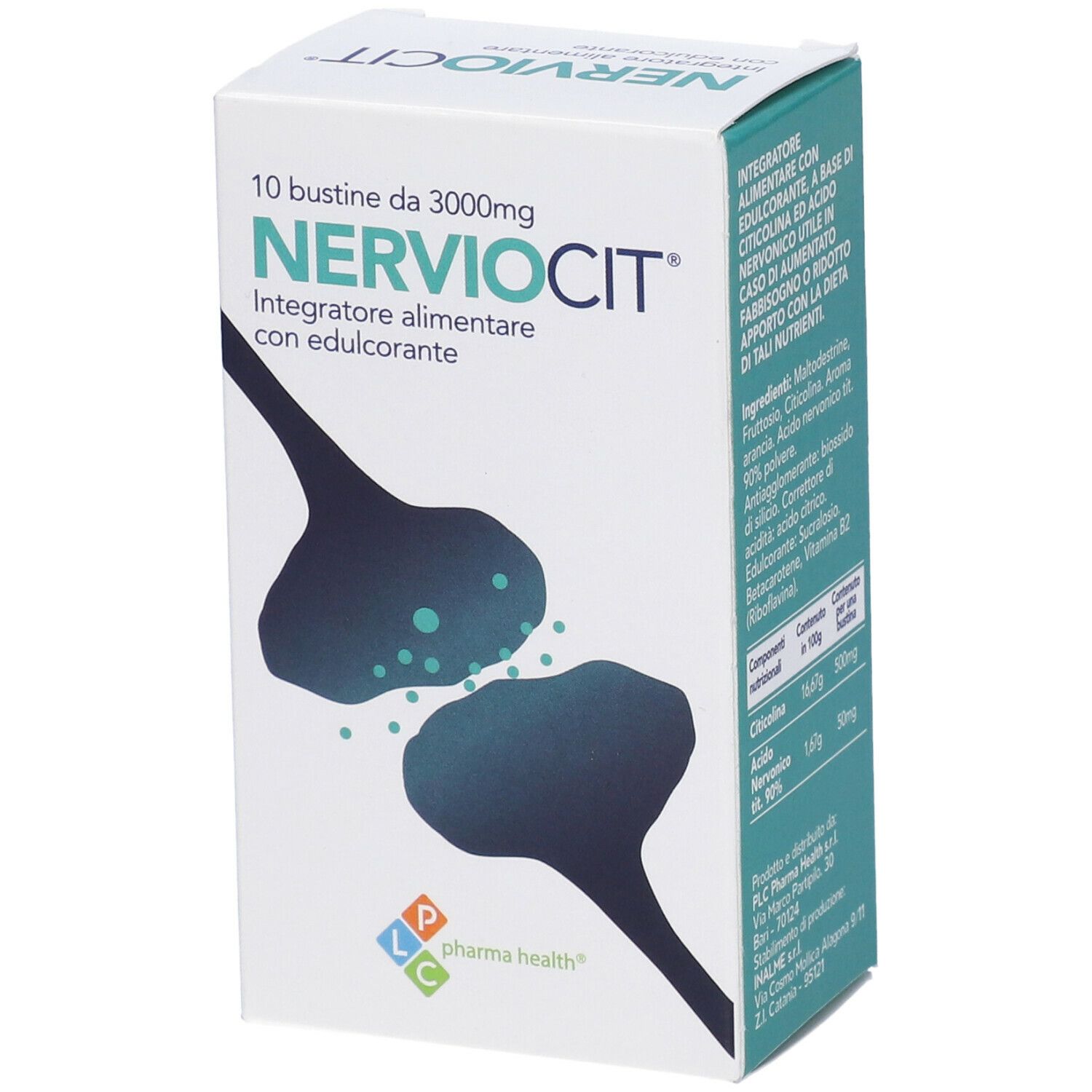Confezione di Nerviocit. Scritta: 10 bustine, 3000mg. Nome e logo del prodotto. Illustrazione di un nervo. Logo Pharma Health.