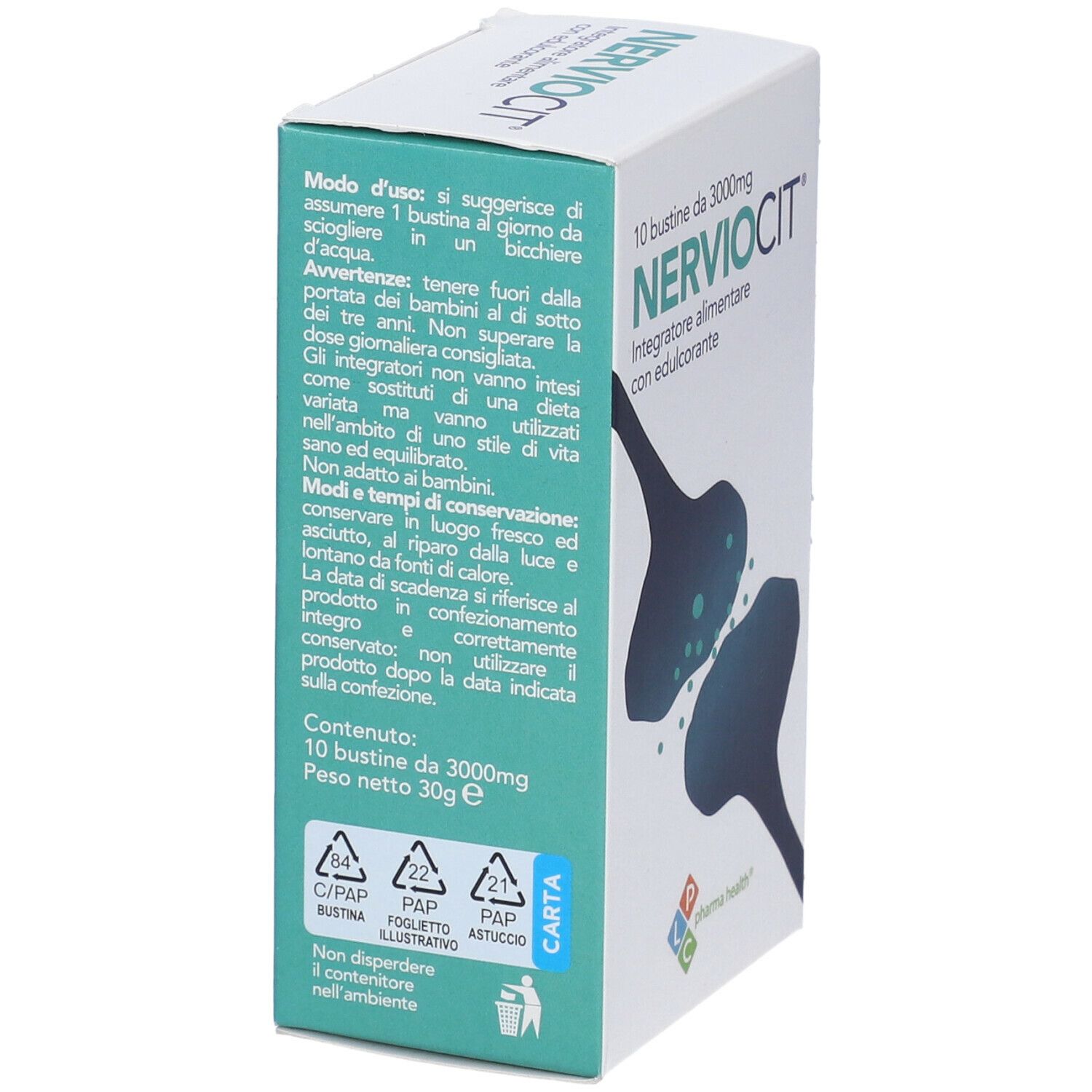 Confezione di Nerviocit. Scritta: 10 bustine, 3000mg. Nome e logo del prodotto. Illustrazione di un nervo. Logo Pharma Health.