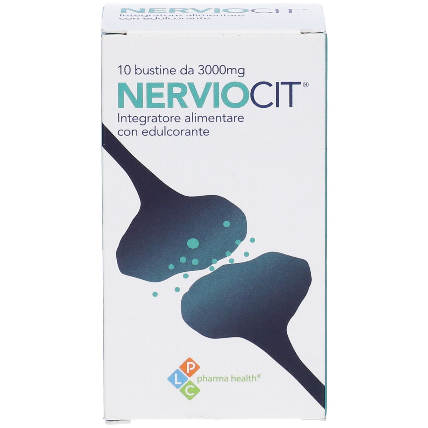 Confezione di Nerviocit. Scritta: 10 bustine, 3000mg. Nome e logo del prodotto. Illustrazione di un nervo. Logo Pharma Health.