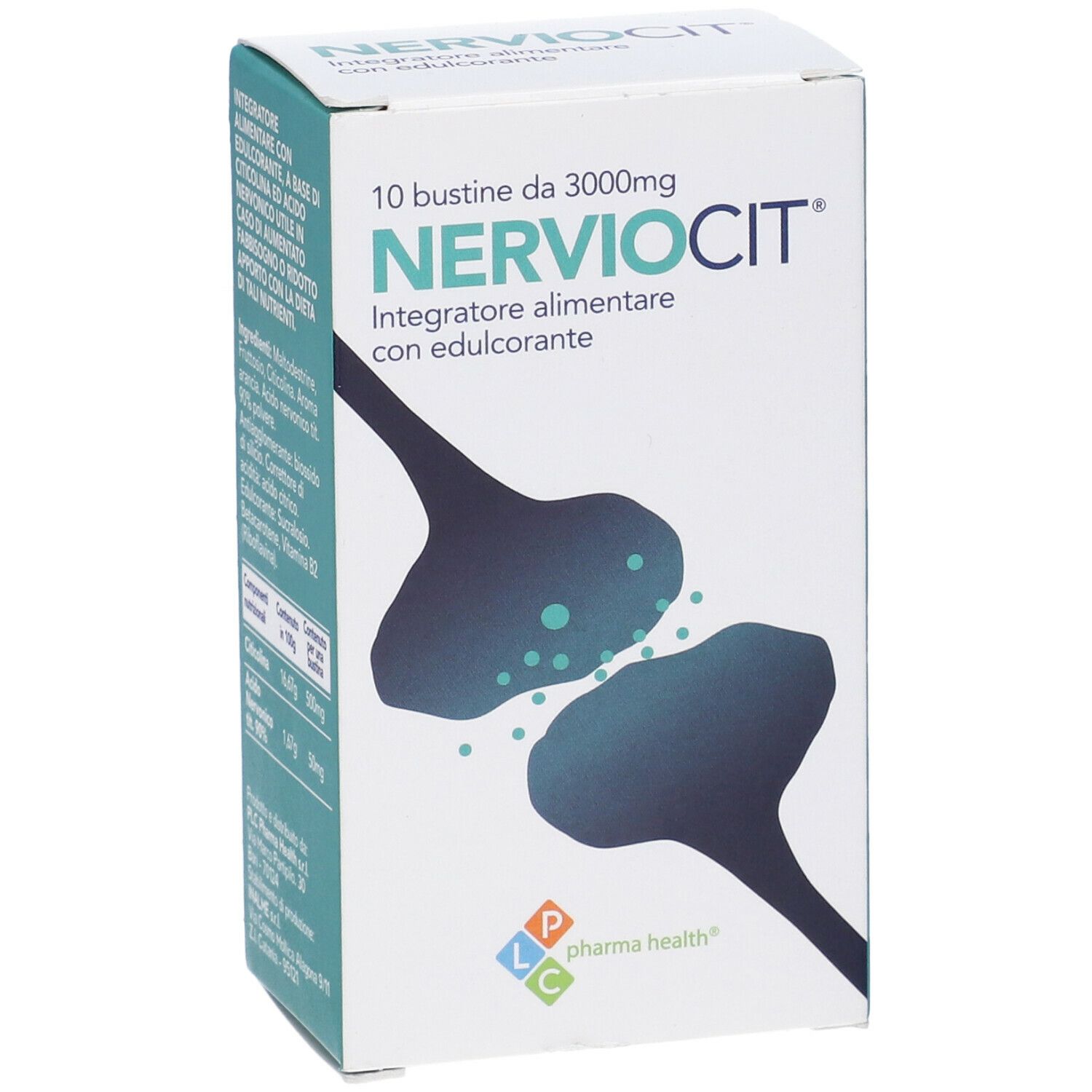 Confezione di Nerviocit. Scritta: 10 bustine, 3000mg. Nome e logo del prodotto. Illustrazione di un nervo. Logo Pharma Health.