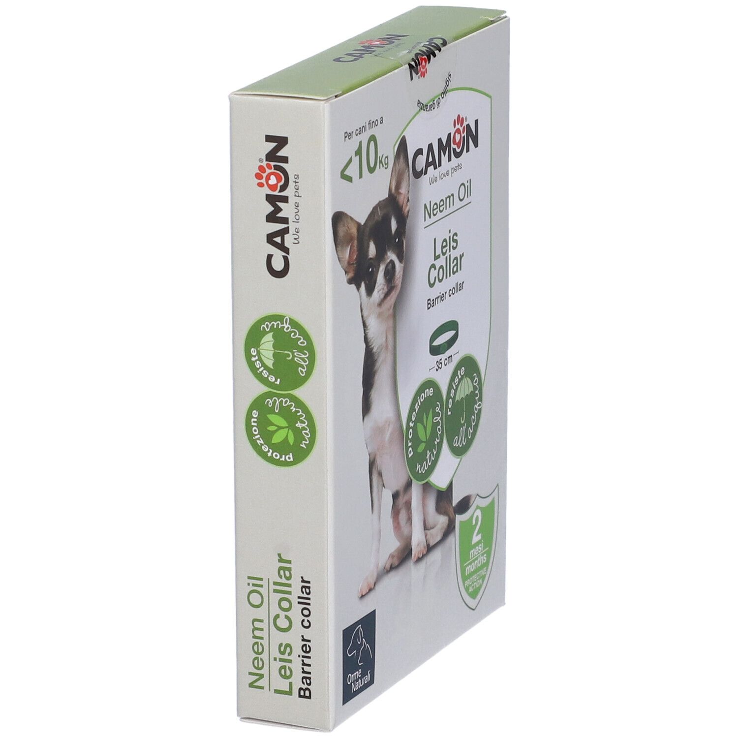 Camon Leis Collar Verpackung, Seitenansicht. Text: Neem Oil, Barrier collar. Abgebildet ist ein Hund.