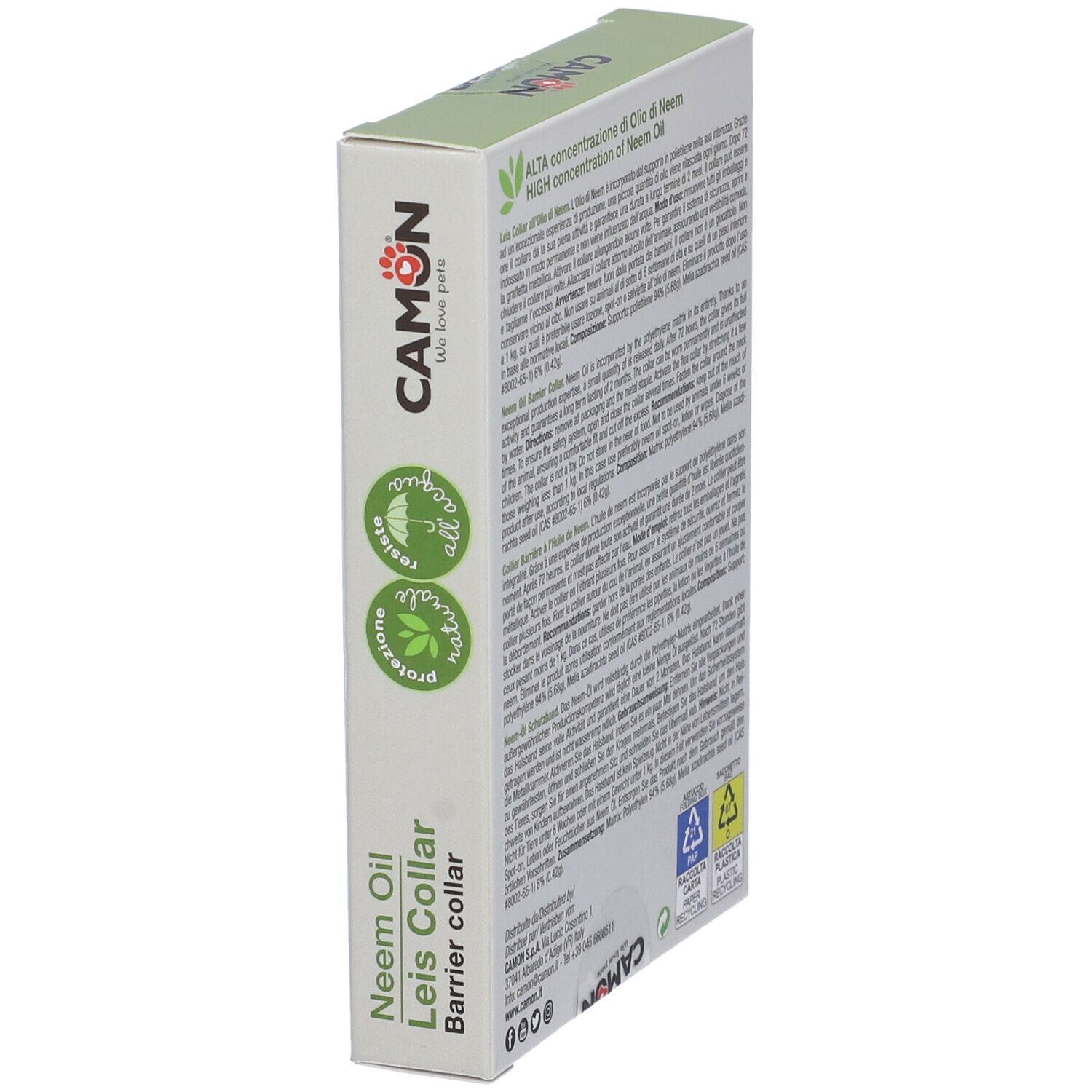 Camon Leis Collar Verpackung, Seitenansicht. Text: Neem Oil, Barrier collar. Text in mehreren Sprachen.