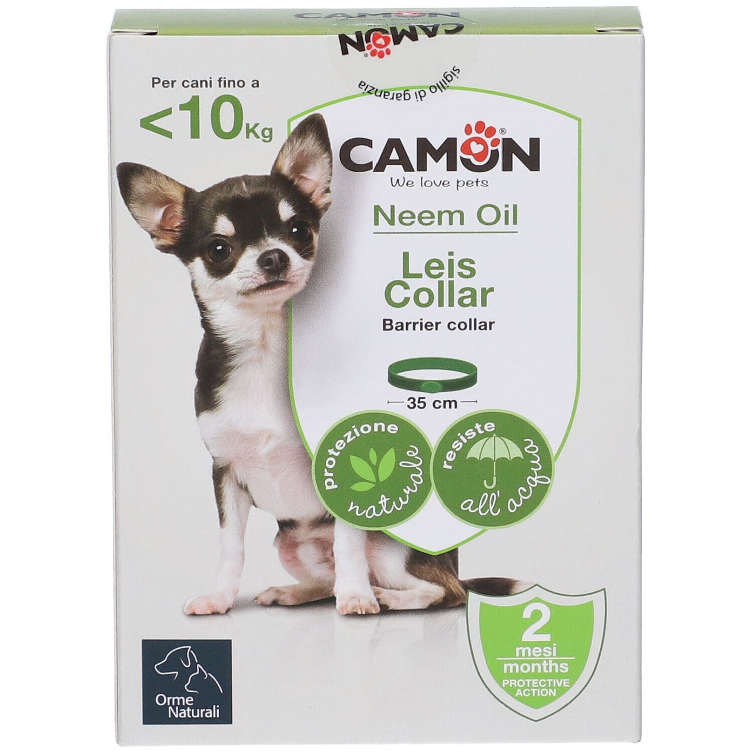 Camon Leis Collar Verpackung. Abgebildet ist ein Hund. Text: Neem Oil, Barrier collar, 35 cm, 2 Monate Schutz.