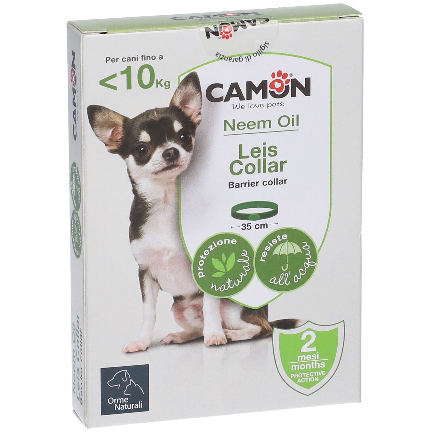 Camon Leis Collar Verpackung. Abgebildet ist ein Hund. Text: Neem Oil, Barrier collar, 35 cm, 2 Monate Schutz.