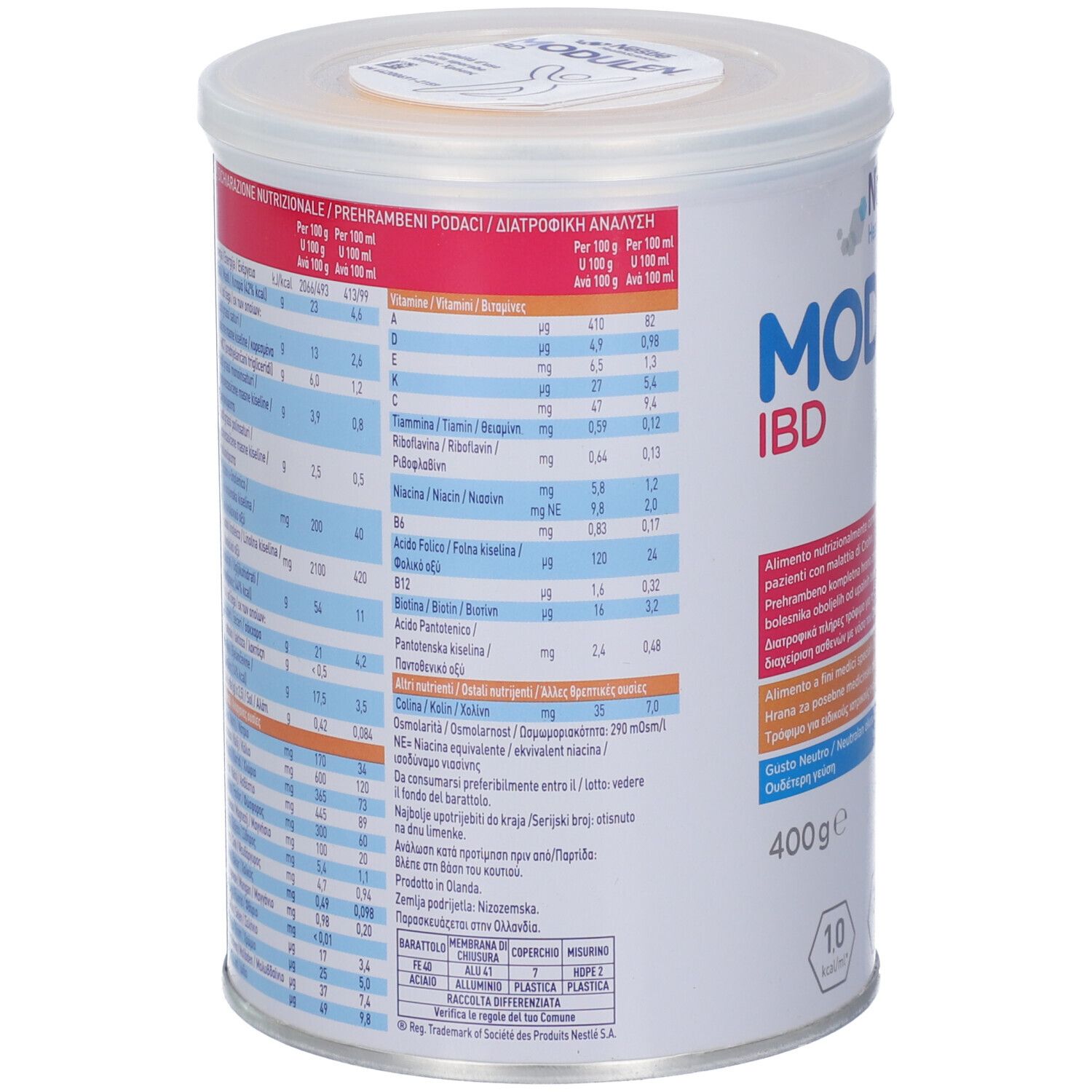 Dose mit 400g Modulen IBD Pulver, mit Nährwertangaben.