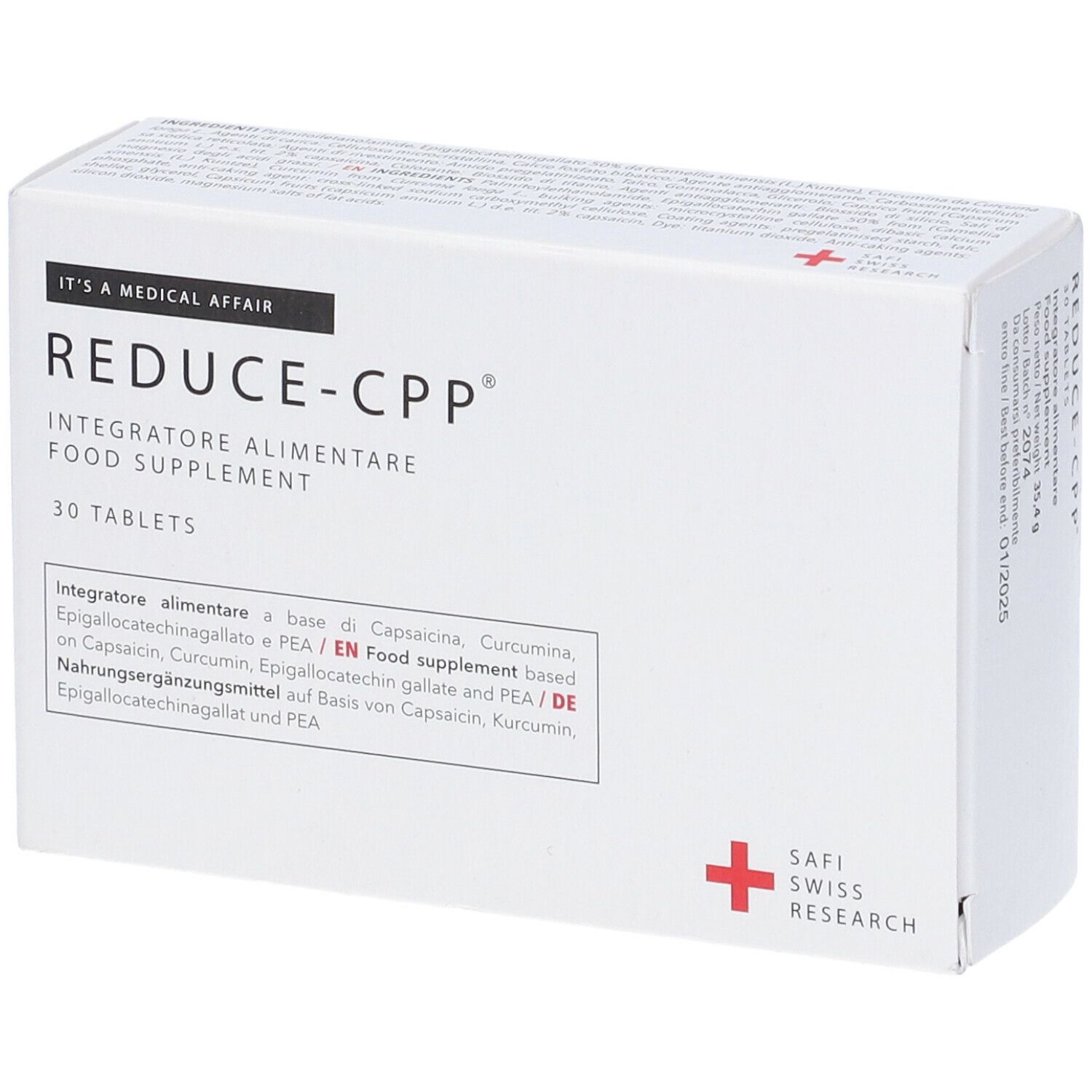 Scatola bianca con "REDUCE-CPP" e 30 compresse. Testo in italiano e tedesco. Croce rossa.