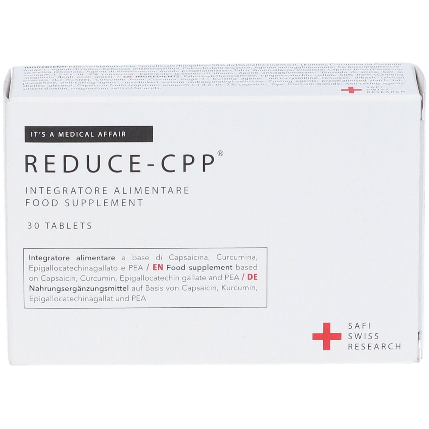 Scatola con "REDUCE-CPP" e 30 compresse. Testo in italiano e tedesco. Croce rossa.