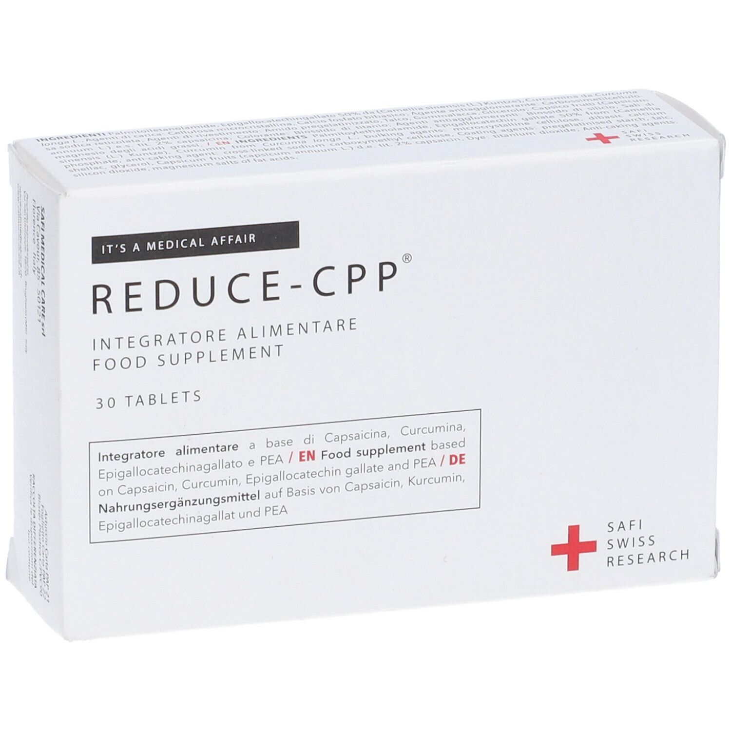 Scatola bianca con "REDUCE-CPP" e 30 compresse. Testo in italiano e tedesco. Croce rossa.