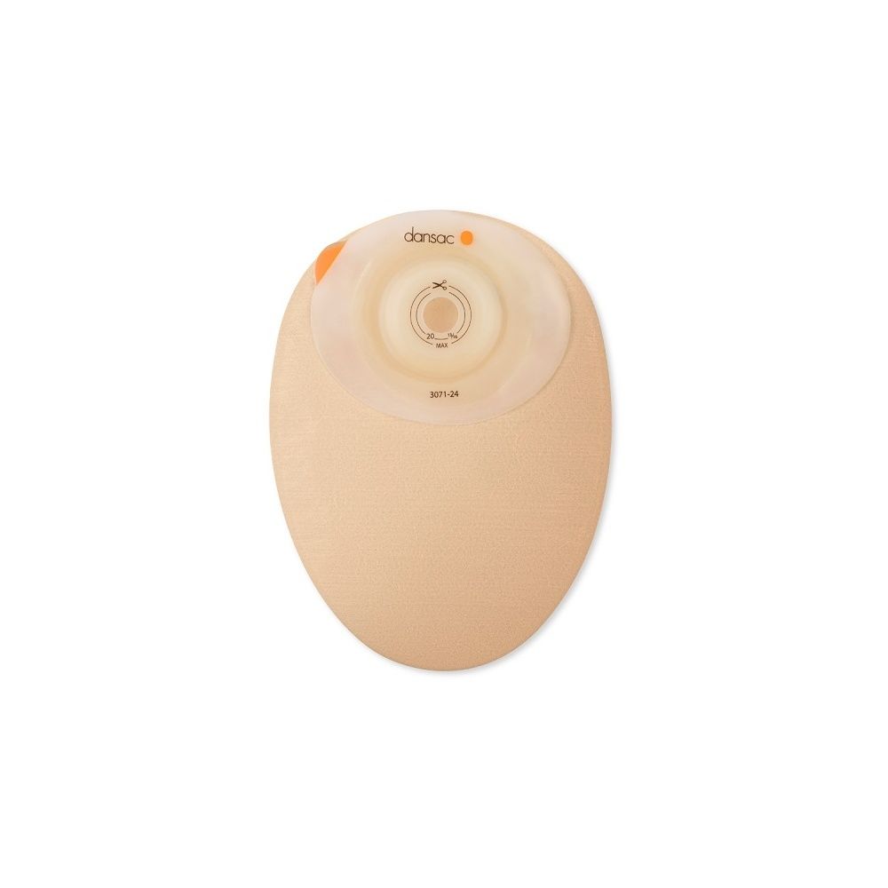 Sistema a sacca. Forma ovale beige. Con raccordo trasparente e rotondo. Marchio: Dansac.