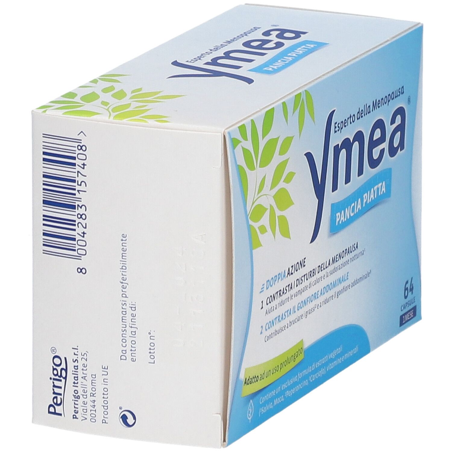 Retro della confezione Ymea Pancia Piatta. Codice a barre e informazioni su Perrigo Italia S.r.l. e ingredienti.