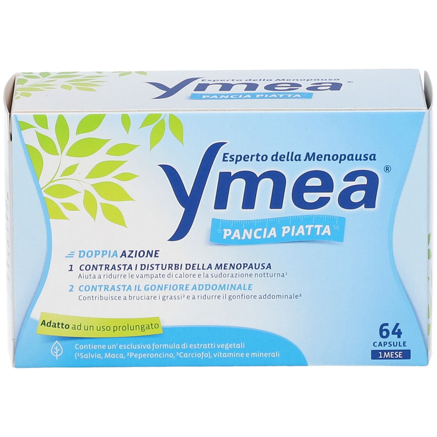 Fronte della confezione Ymea Pancia Piatta. Nome del prodotto, logo e informazioni importanti.