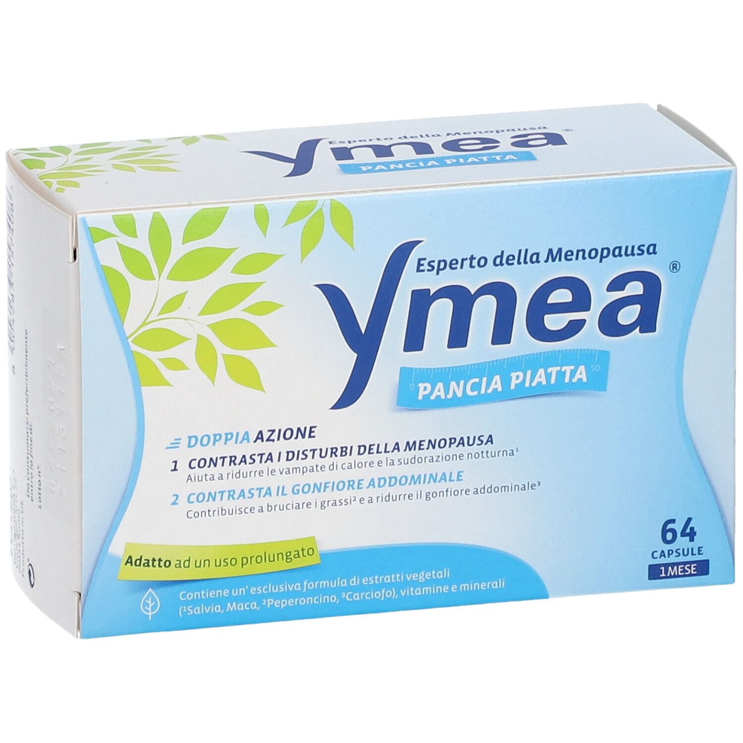Fronte della confezione Ymea Pancia Piatta. Nome del prodotto, logo e informazioni importanti.