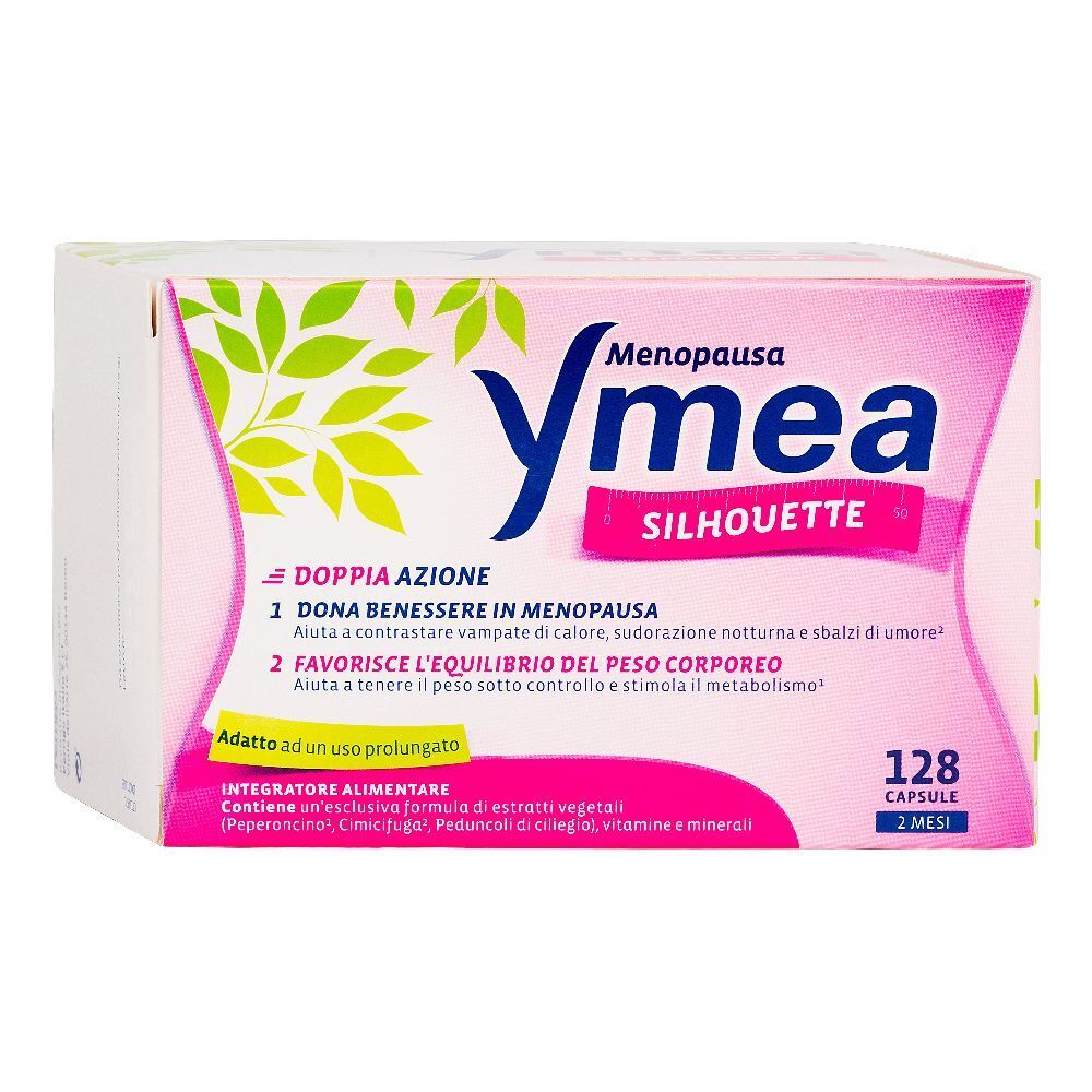 Confezione di Ymea Silhouette, 128 capsule. Design rosa e bianco con nome del prodotto e informazioni sulla menopausa.