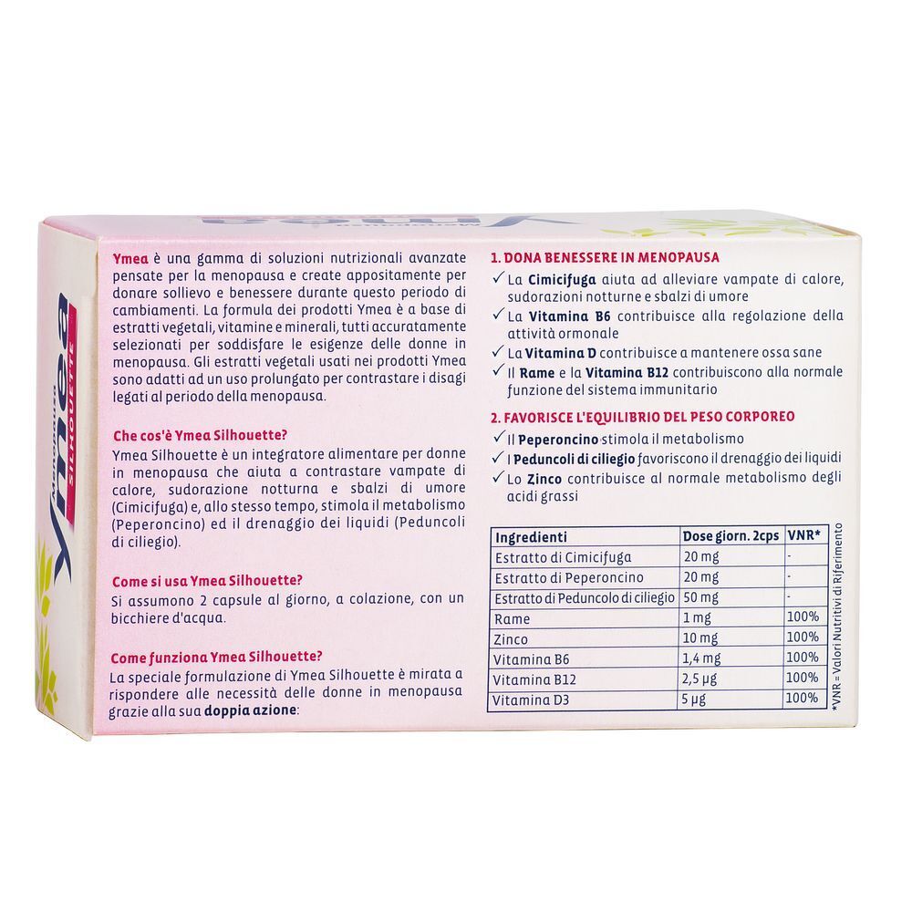 Retro della confezione Ymea Silhouette. Contiene informazioni sugli ingredienti e l'uso.