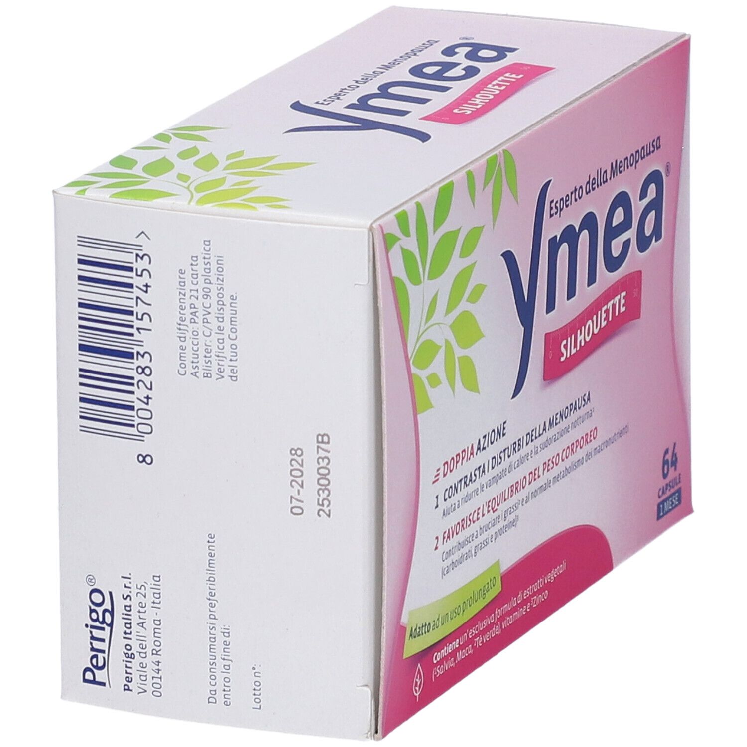 Verpackung Ymea Silhouette, Seitenansicht. Text: Experto della Menopausa. 64 Kapseln. Perrigo Italia s.r.l.