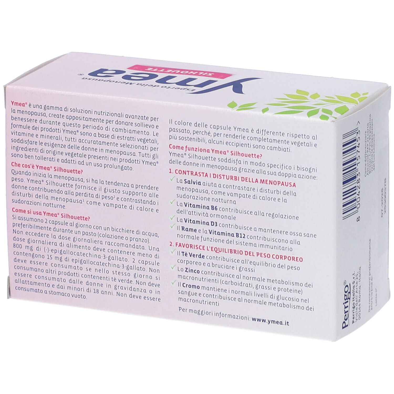 Ymea Silhouette Verpackung, Rückseite. Text: Experto della Menopausa. Informationen zu Inhaltsstoffen und Anwendung.