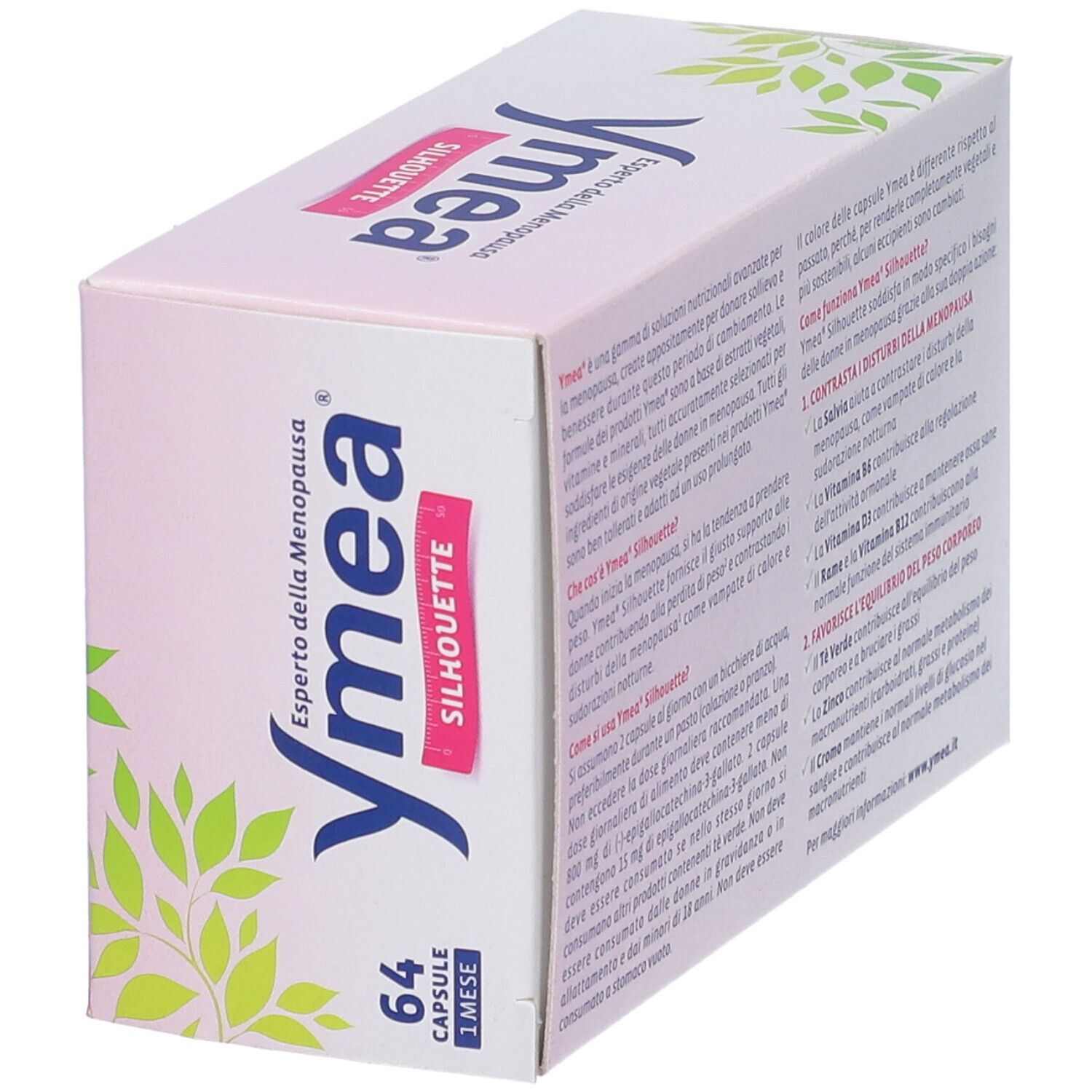 Ymea Silhouette Verpackung, schräge Ansicht. Text: Experto della Menopausa. 64 Kapseln. Informationen zur Anwendung.