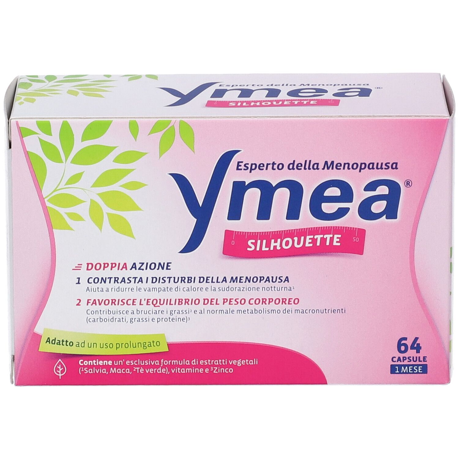 Rosa Verpackung Ymea Silhouette. Text: Experto della Menopausa. 64 Kapseln. Doppelwirkung. Inhaltsstoffe.