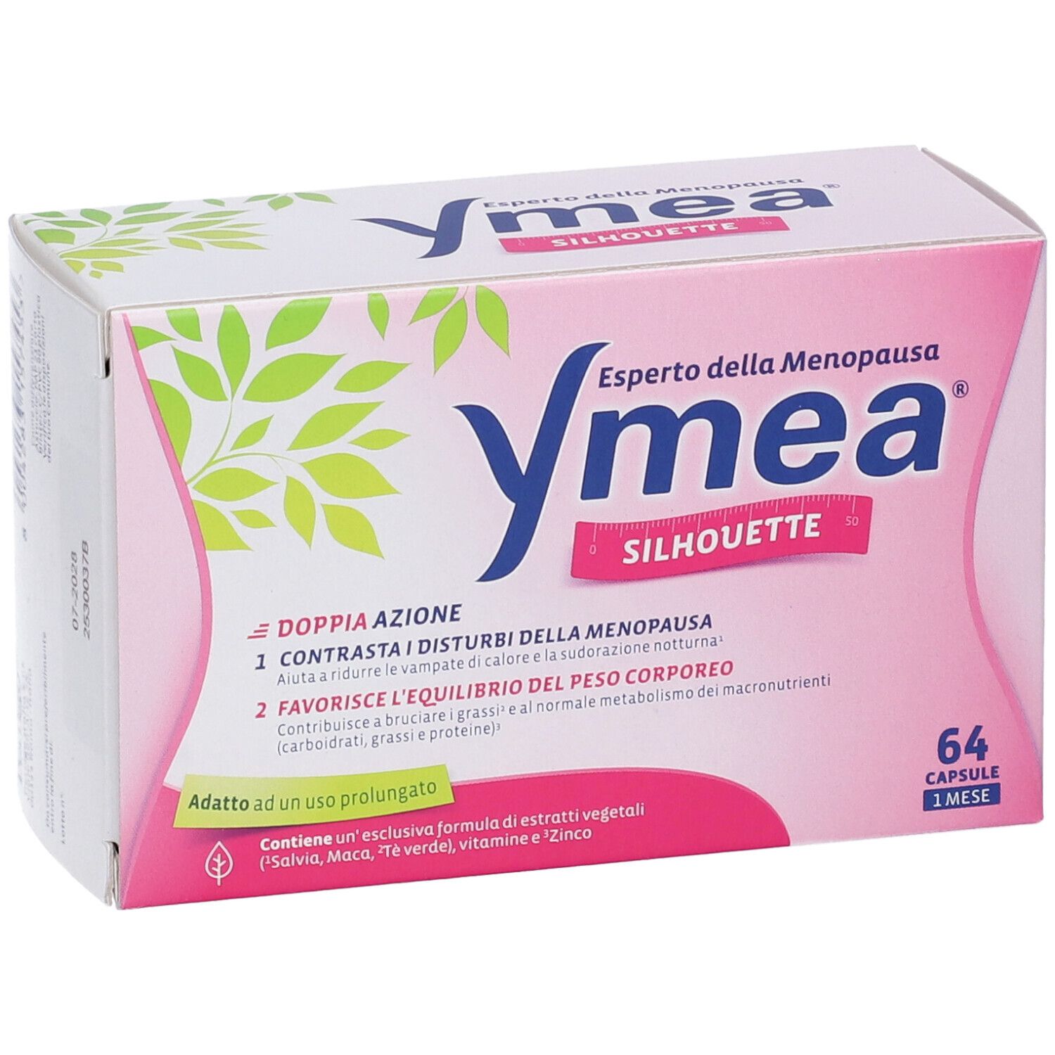 Rosa Verpackung Ymea Silhouette. Text: Experto della Menopausa. 64 Kapseln. Doppelwirkung. Inhaltsstoffe.