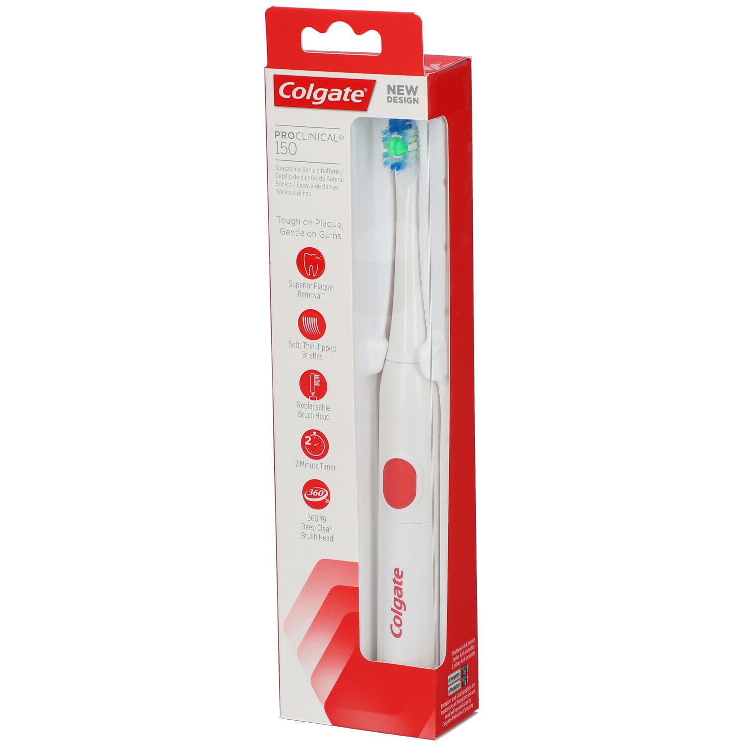 Colgate PROCLINICAL 150. Spazzolino elettrico in confezione. Corpo bianco, pulsante rosso. Testina visibile.