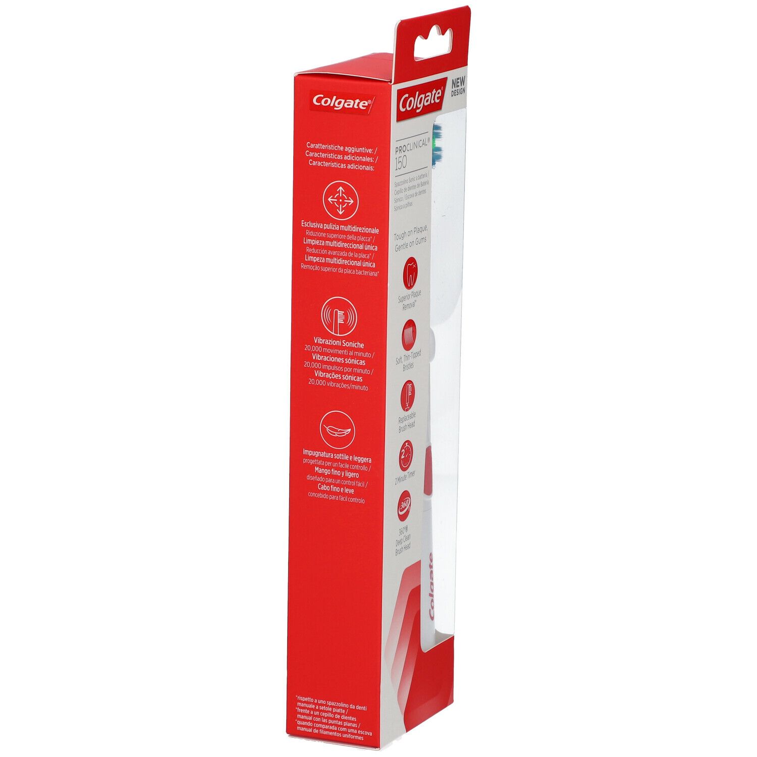 Confezione dello spazzolino elettrico. Colori rosso e bianco. Informazioni e loghi del prodotto.
