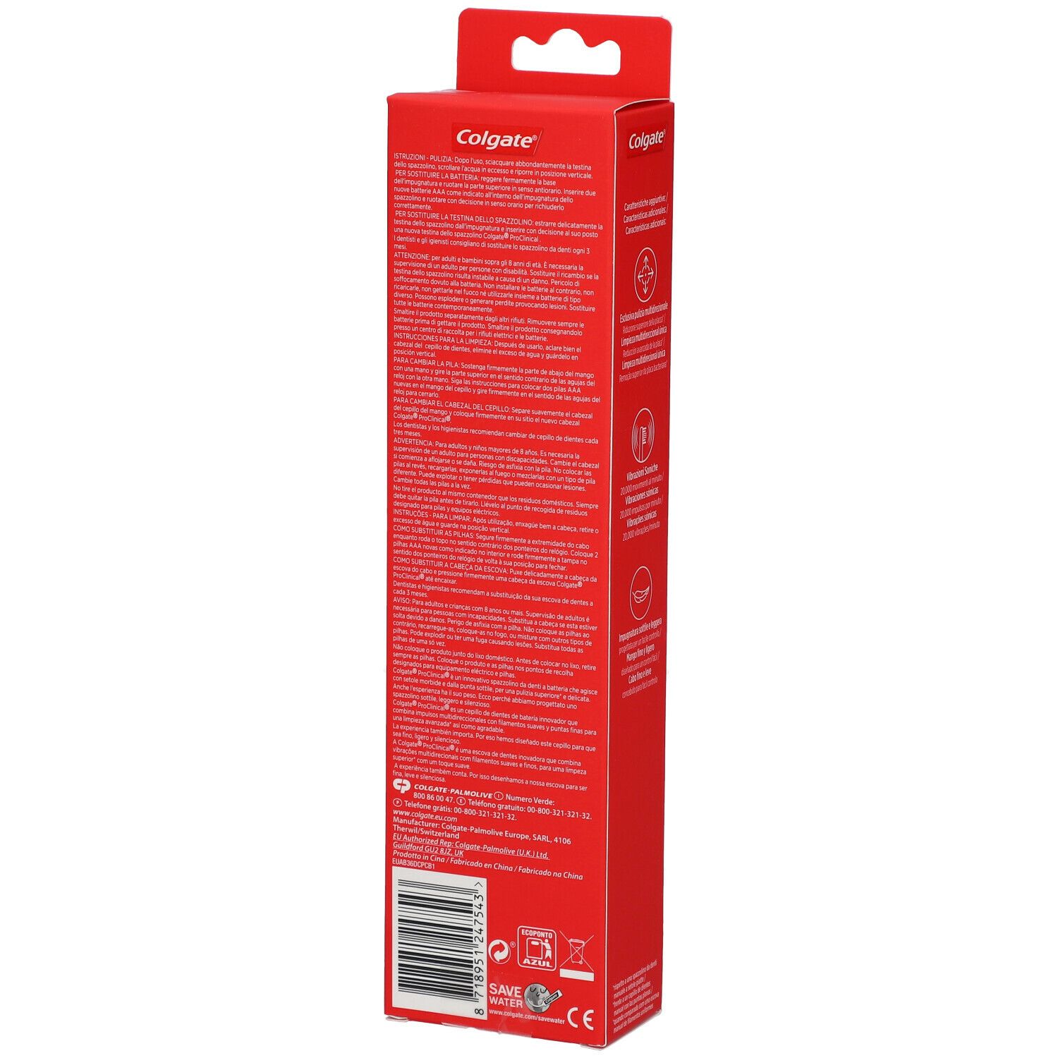 Retro della confezione. Colore rosso. Testo e loghi. Codice a barre.