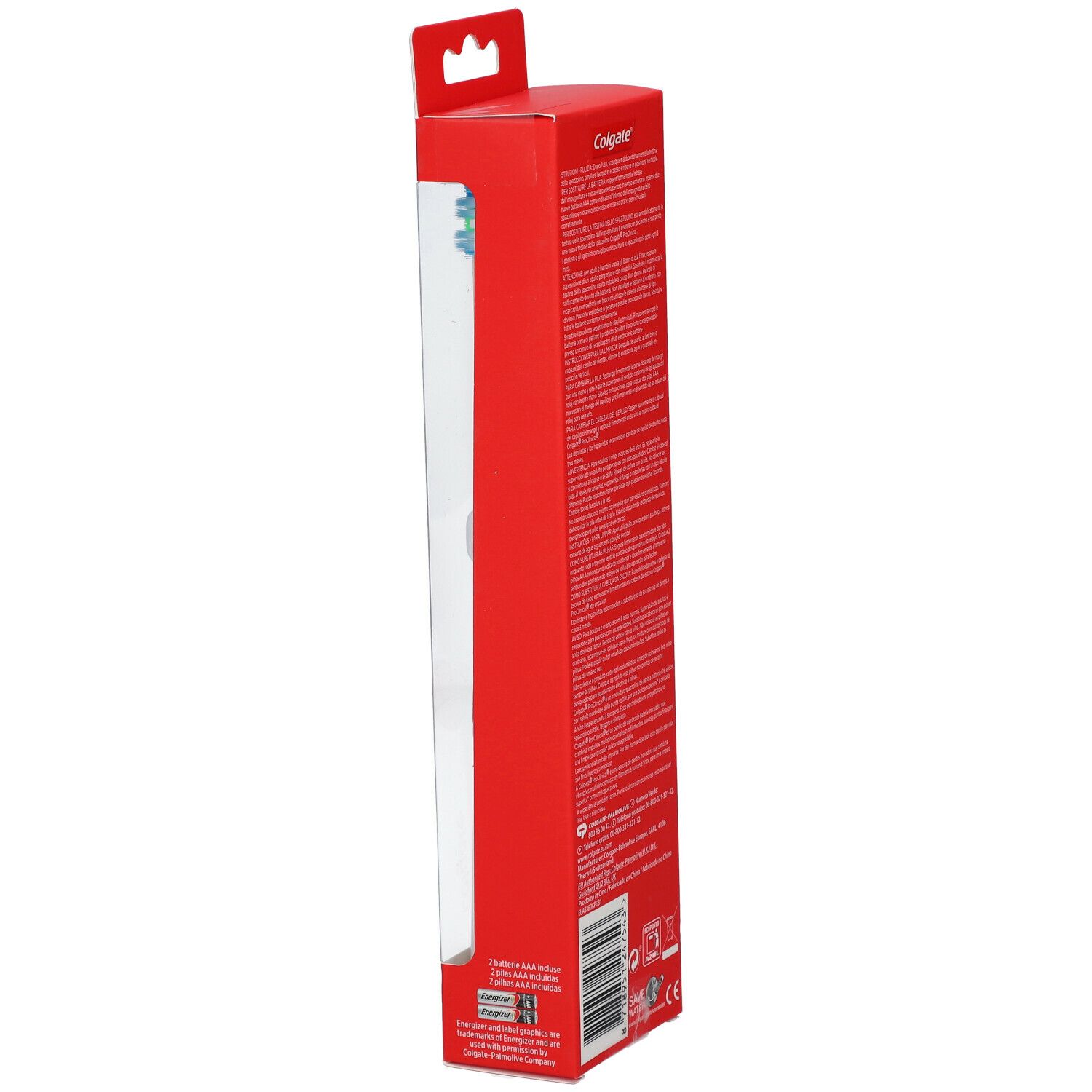 Lato della confezione. Colore rosso. Testo e loghi. Spazzolino parzialmente visibile.