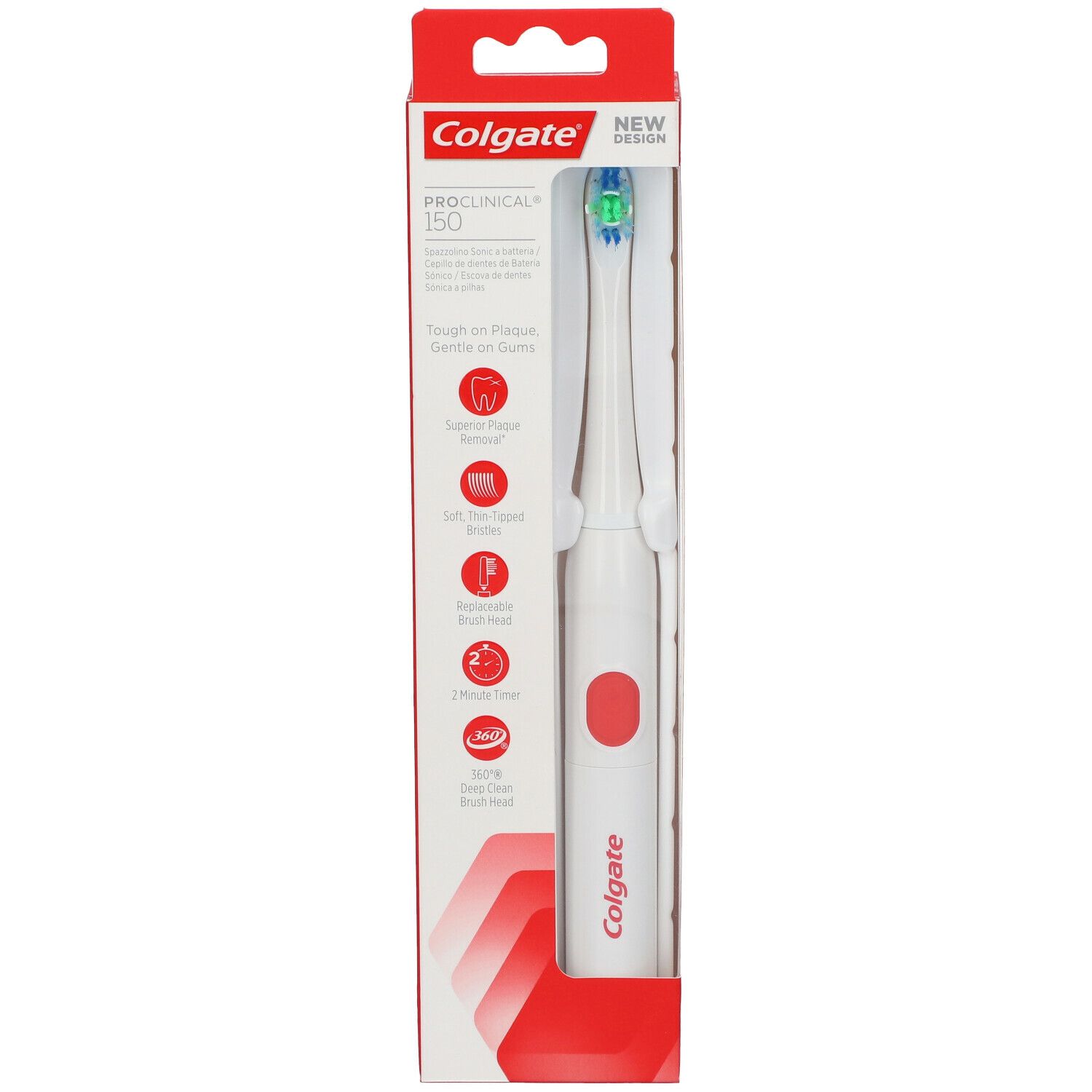 Colgate PROCLINICAL 150. Spazzolino elettrico in confezione. Corpo bianco, pulsante rosso. Testina visibile.