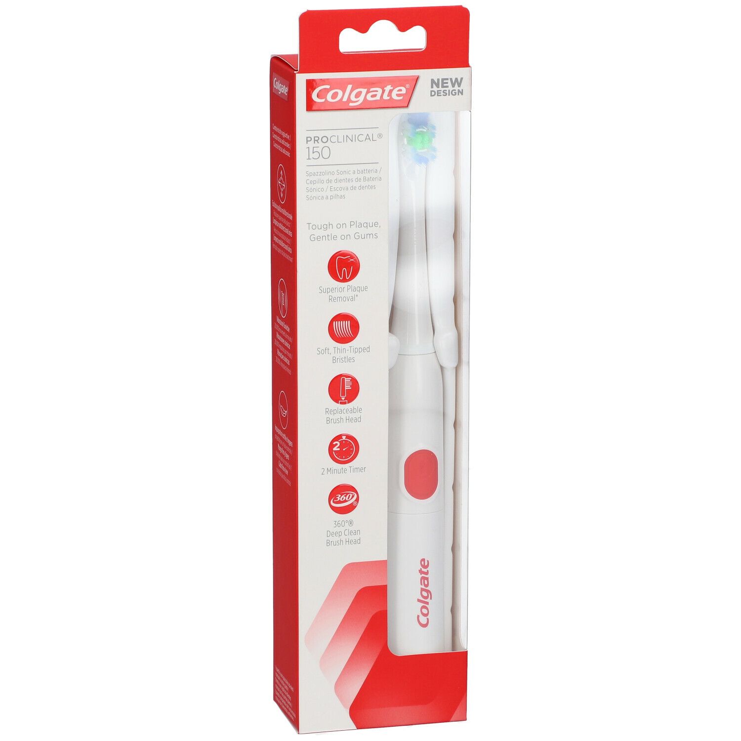 Colgate PROCLINICAL 150. Spazzolino elettrico in confezione. Corpo bianco, pulsante rosso. Testina visibile.