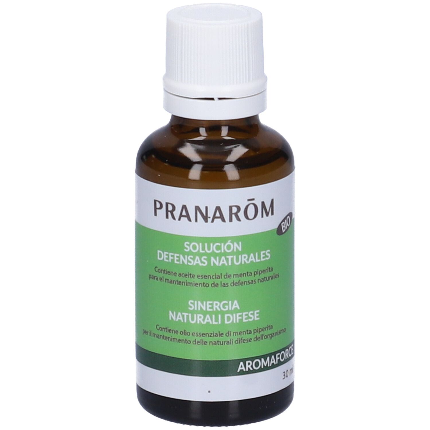 Flacone di vetro marrone con tappo bianco ed etichetta verde. Etichetta con 'Sinergia Naturali Difese'.