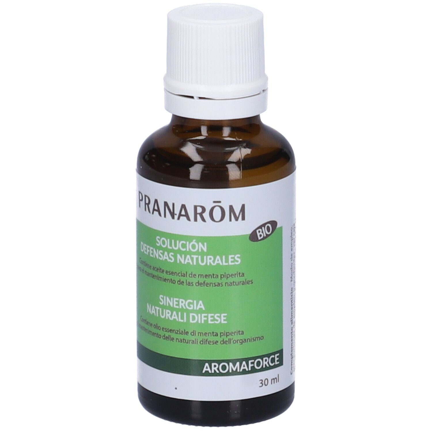 Flacone di vetro marrone con tappo bianco ed etichetta verde. Etichetta con 'Sinergia Naturali Difese'.