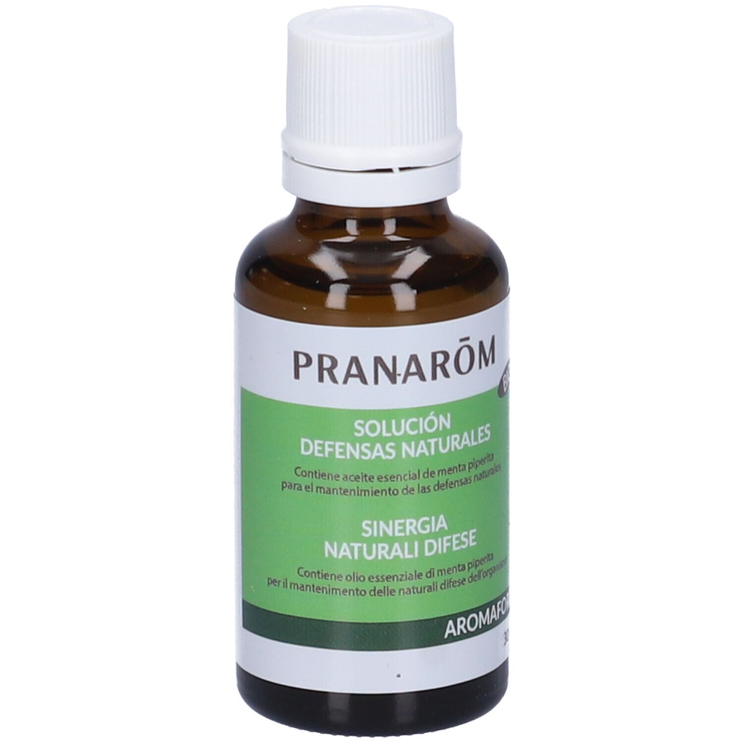 Flacone di vetro marrone con tappo bianco ed etichetta verde. Etichetta con 'Sinergia Naturali Difese'.